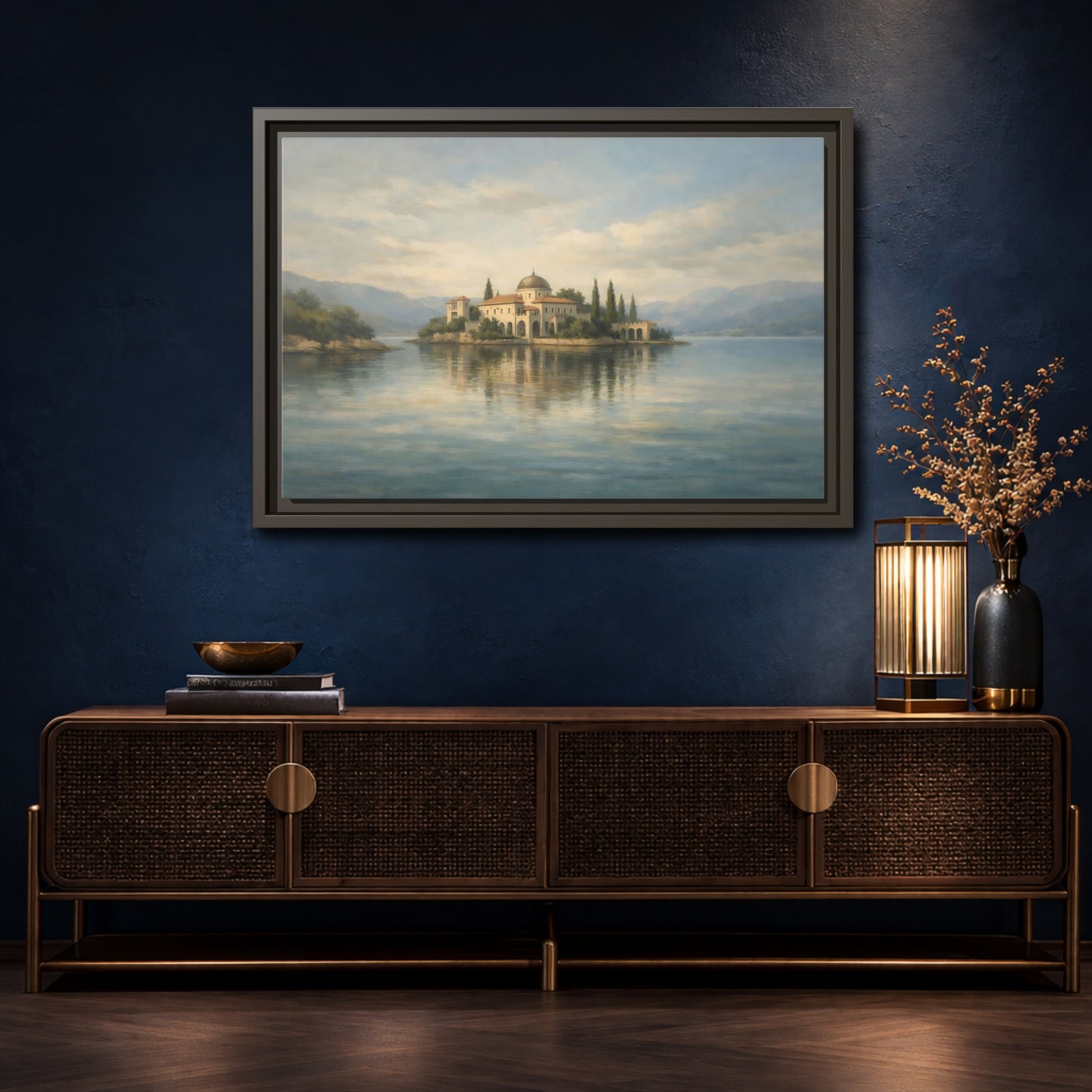 Mockup 4. Nature Island Villa Blue Green Island shown as stretched canvas wall art