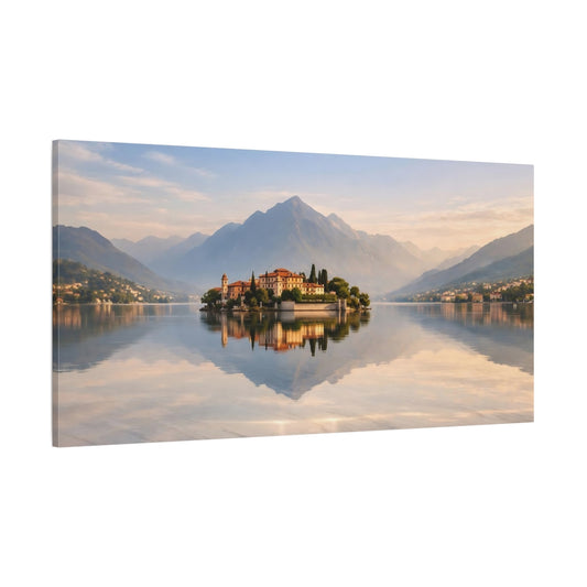 Main Mockup. Nature Island Villa Mountain Lake Island shown as stretched canvas wall art