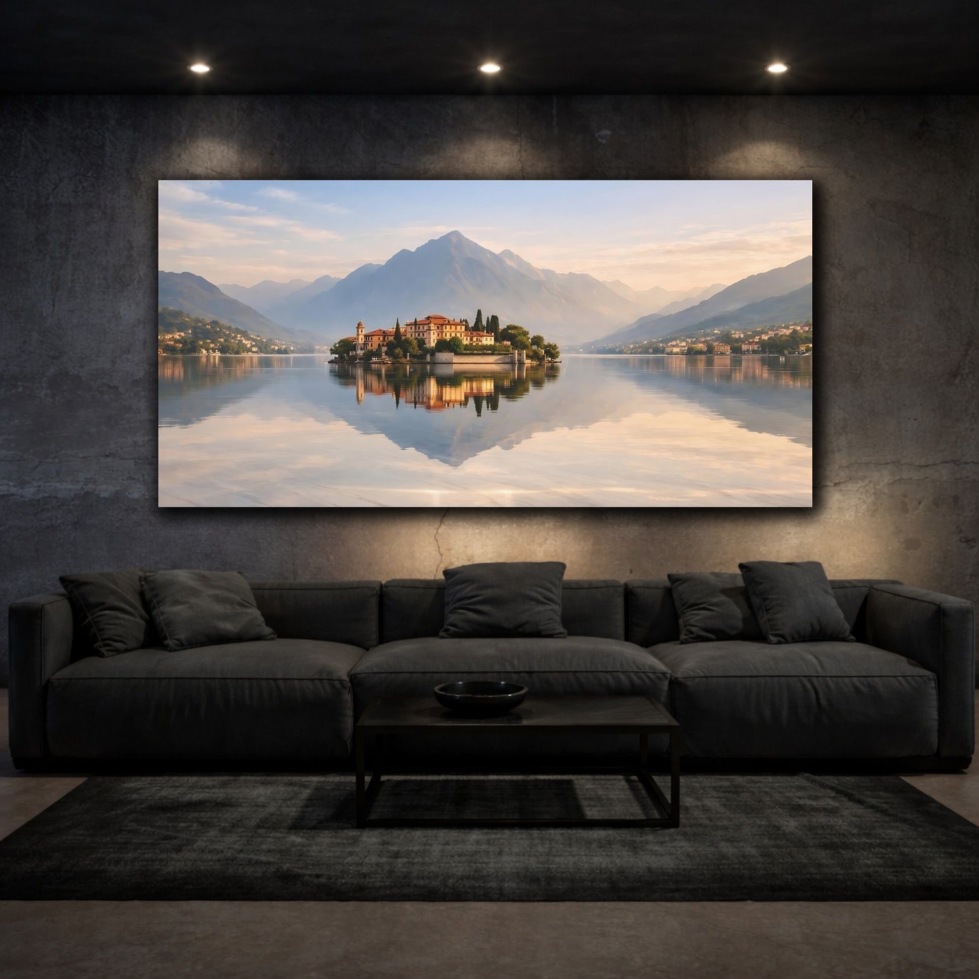 Mockup 2. Nature Island Villa Mountain Lake Island shown as stretched canvas wall art