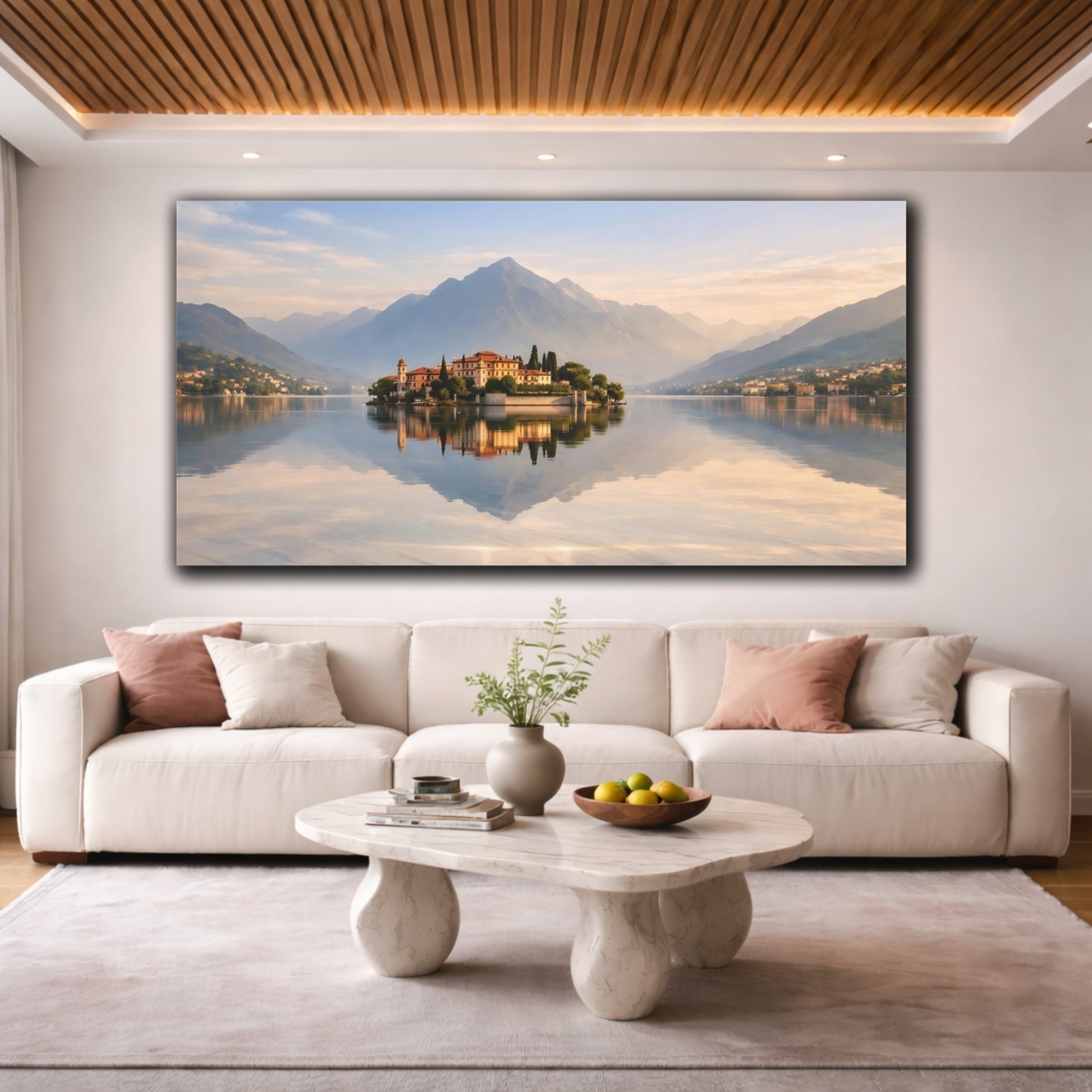 Mockup 3. Nature Island Villa Mountain Lake Island shown as stretched canvas wall art