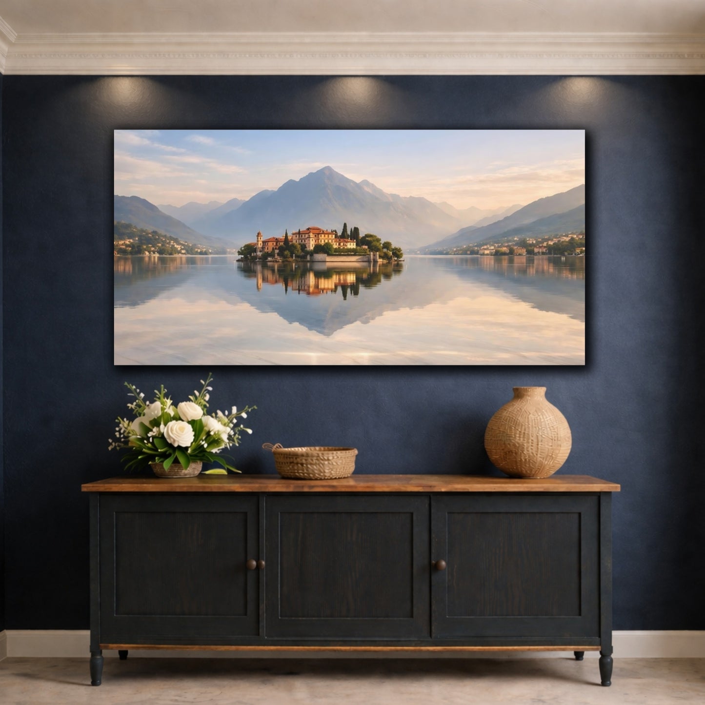 Mockup 4. Nature Island Villa Mountain Lake Island shown as stretched canvas wall art