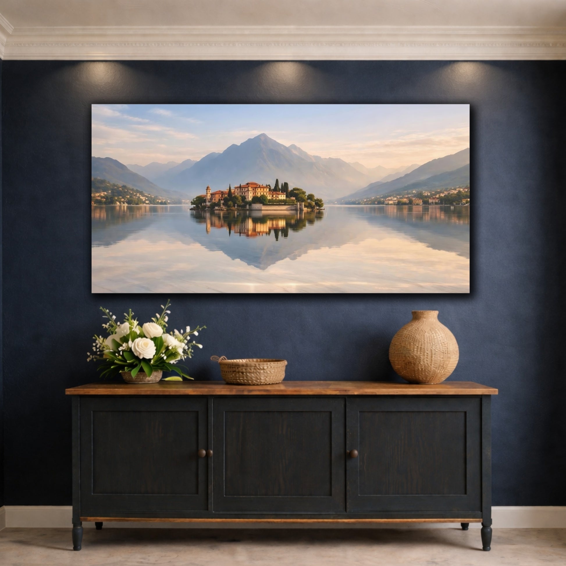 Mockup 4. Nature Island Villa Mountain Lake Island shown as stretched canvas wall art