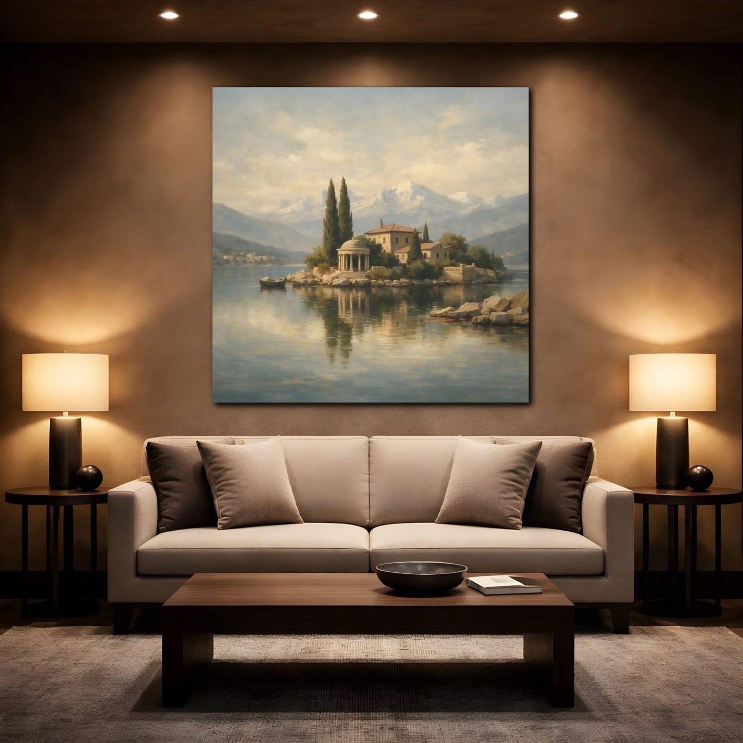 Mockup 2. Nature Island Villa Muted Landscape shown as stretched canvas wall art