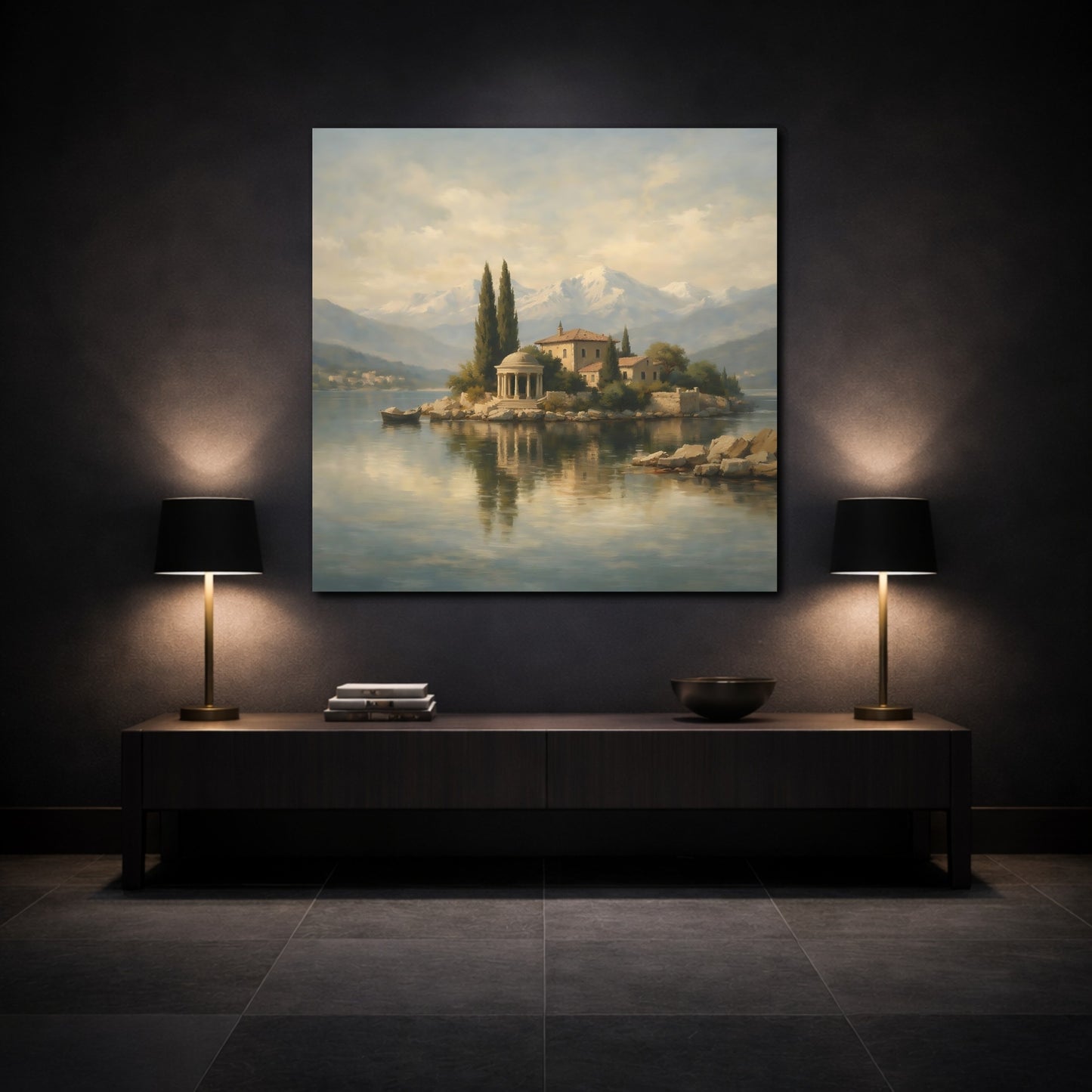 Mockup 3. Nature Island Villa Muted Landscape shown as stretched canvas wall art