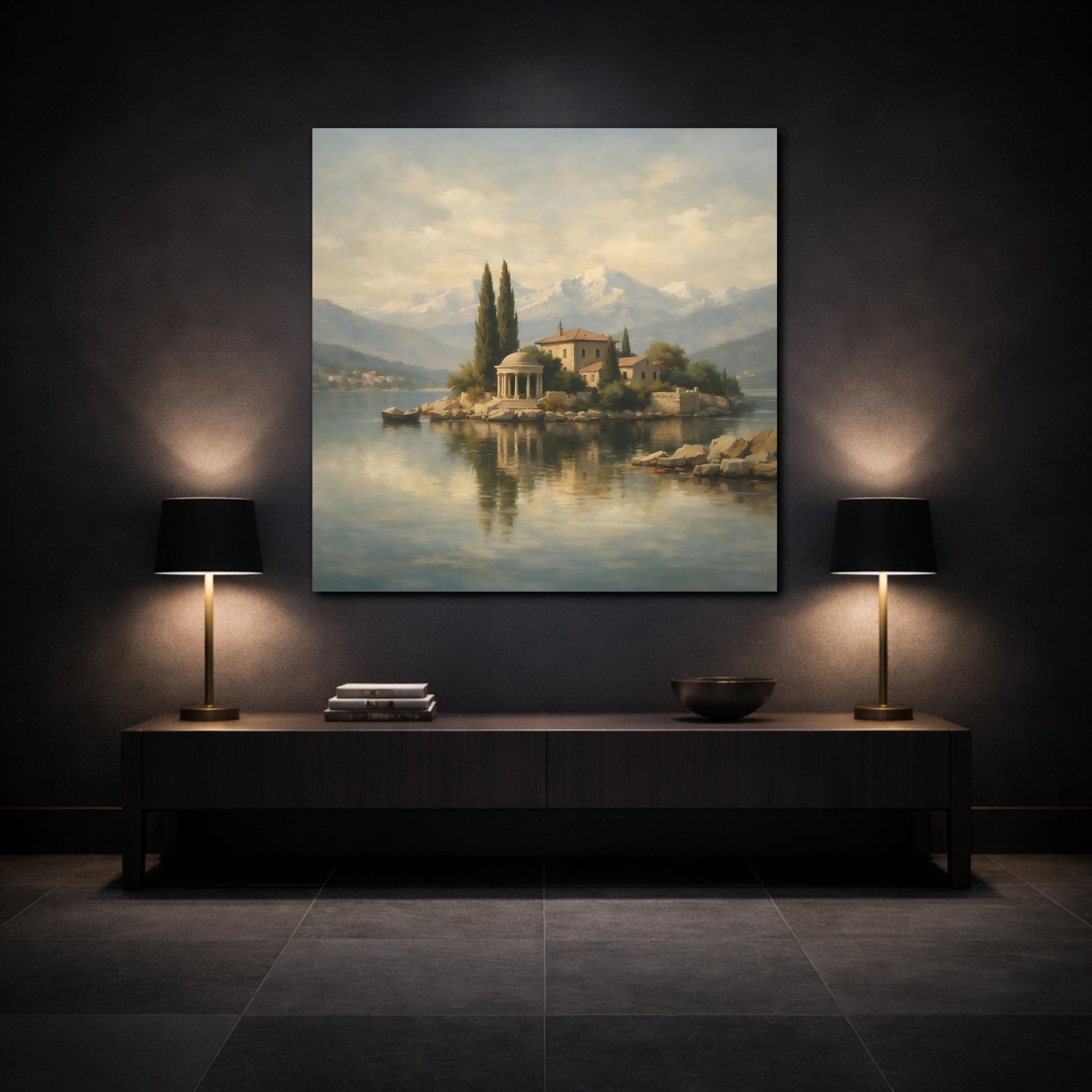 Mockup 3. Nature Island Villa Muted Landscape shown as stretched canvas wall art