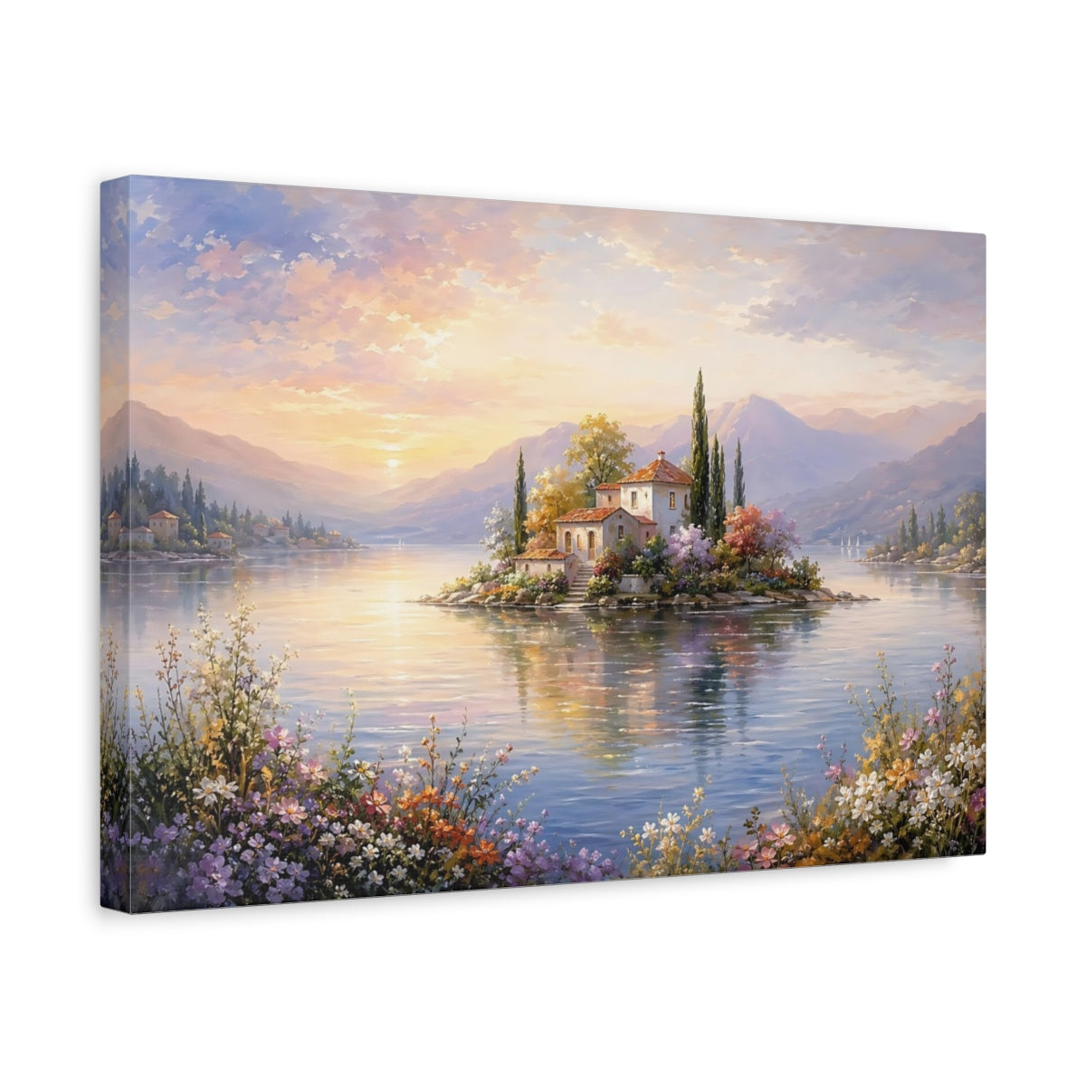 Side Mockup 4. Nature Island Villa Pastel Lake Scene shown as stretched canvas wall art