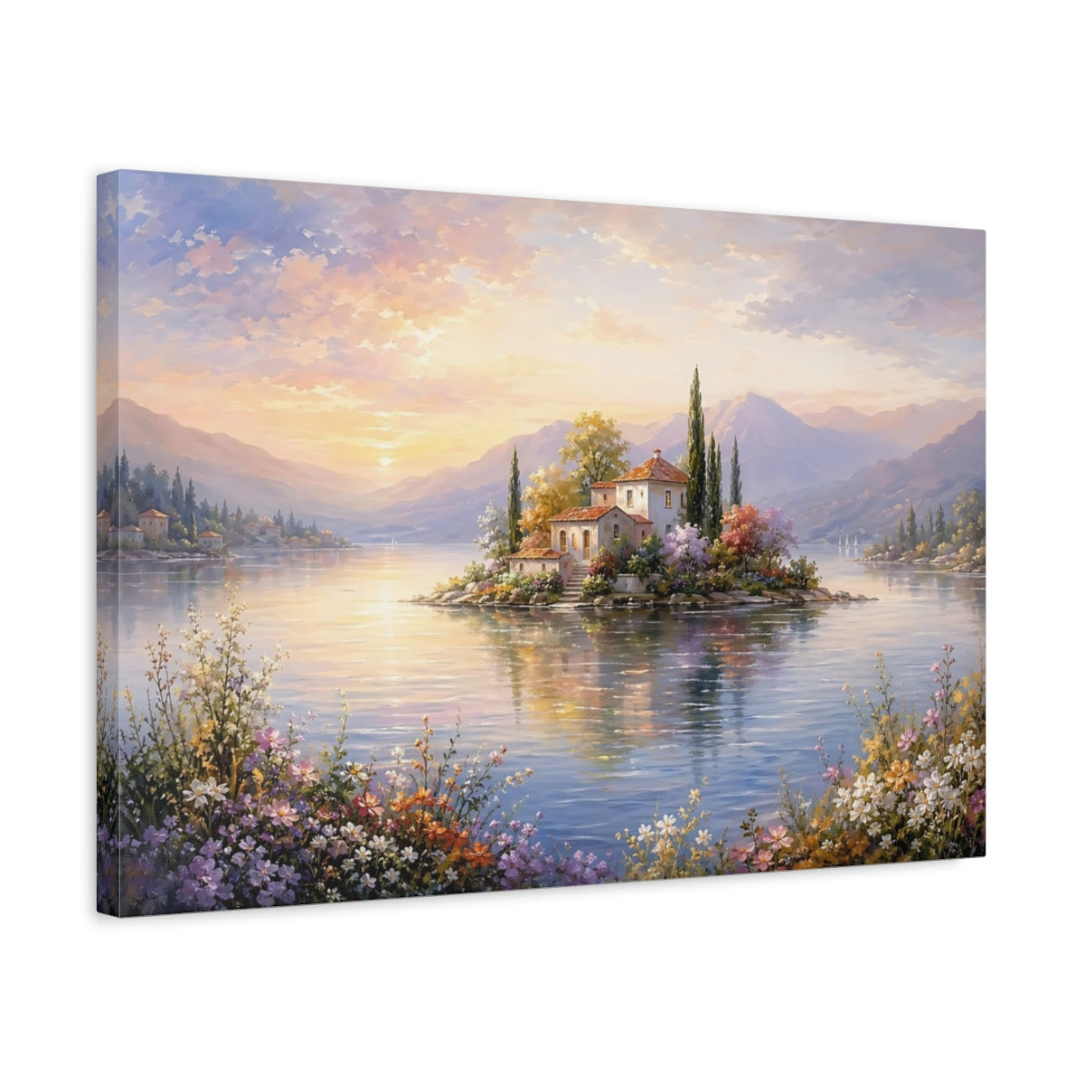 Side Mockup 3. Nature Island Villa Pastel Lake Scene shown as stretched canvas wall art