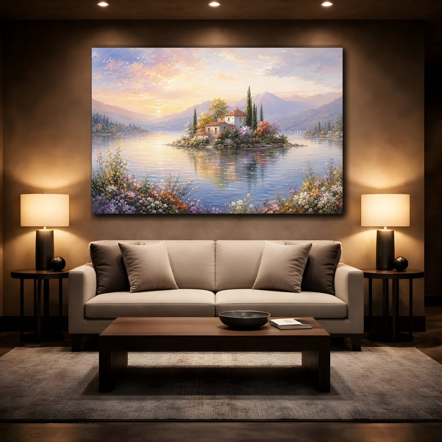 Mockup 2. Nature Island Villa Pastel Lake Scene shown as stretched canvas wall art