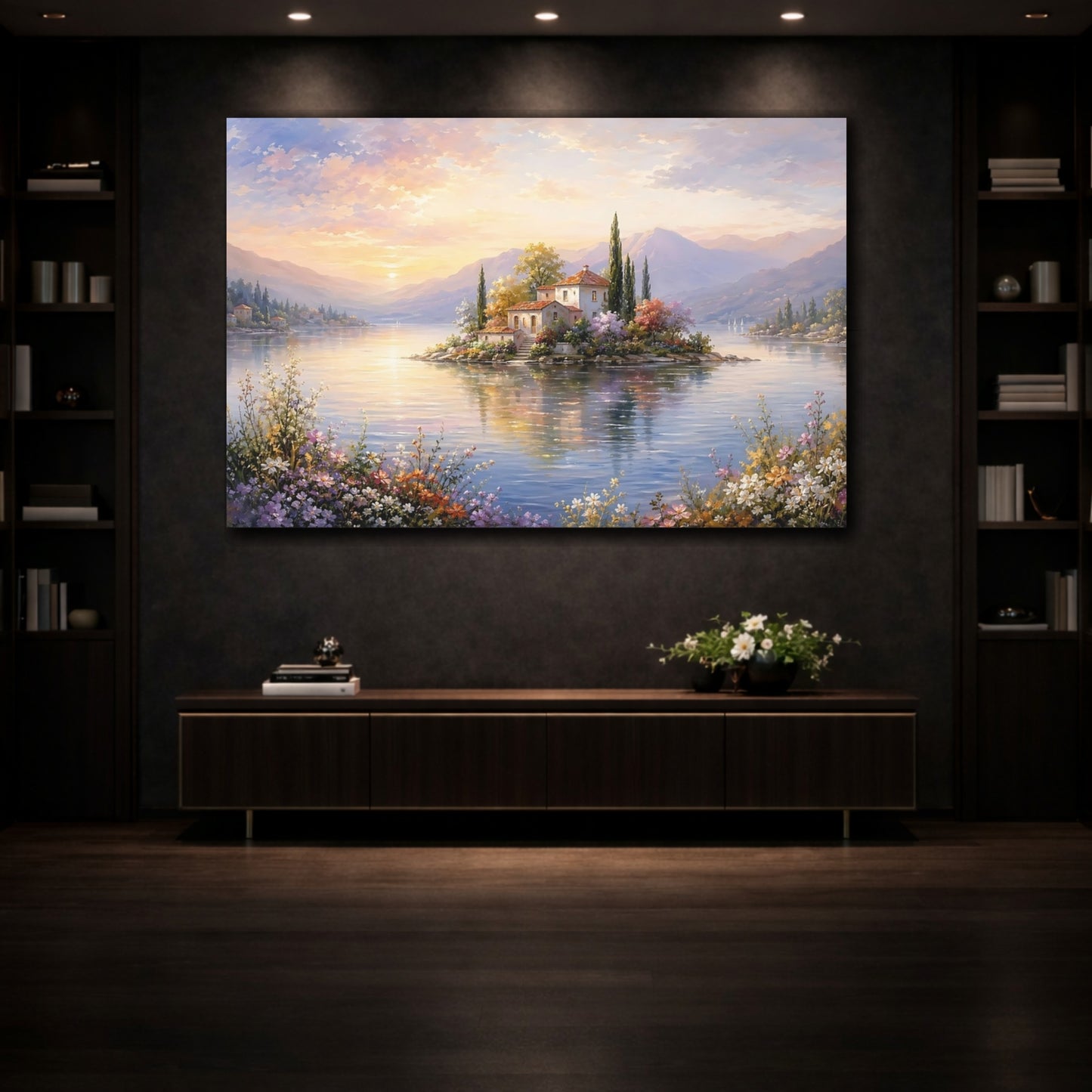 Mockup 3. Nature Island Villa Pastel Lake Scene shown as stretched canvas wall art