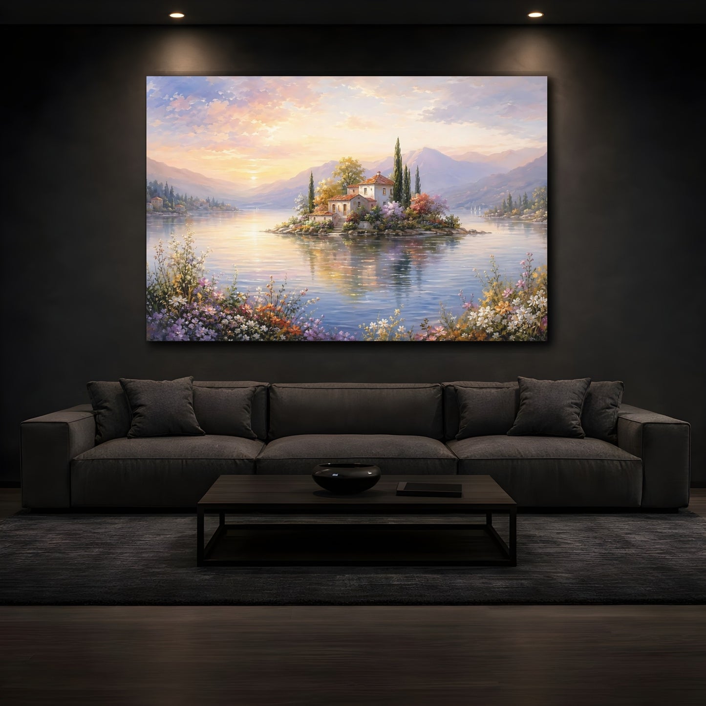 Mockup 4. Nature Island Villa Pastel Lake Scene shown as stretched canvas wall art