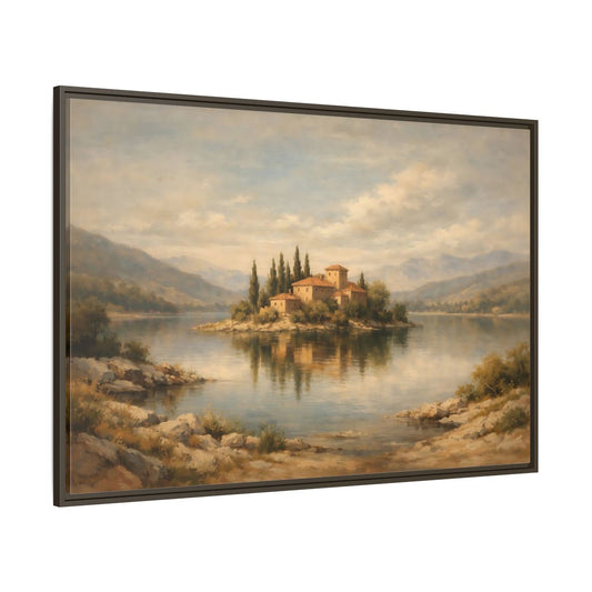 Main Mockup. Nature Island Village Mediterranean Landscape shown as stretched canvas wall art