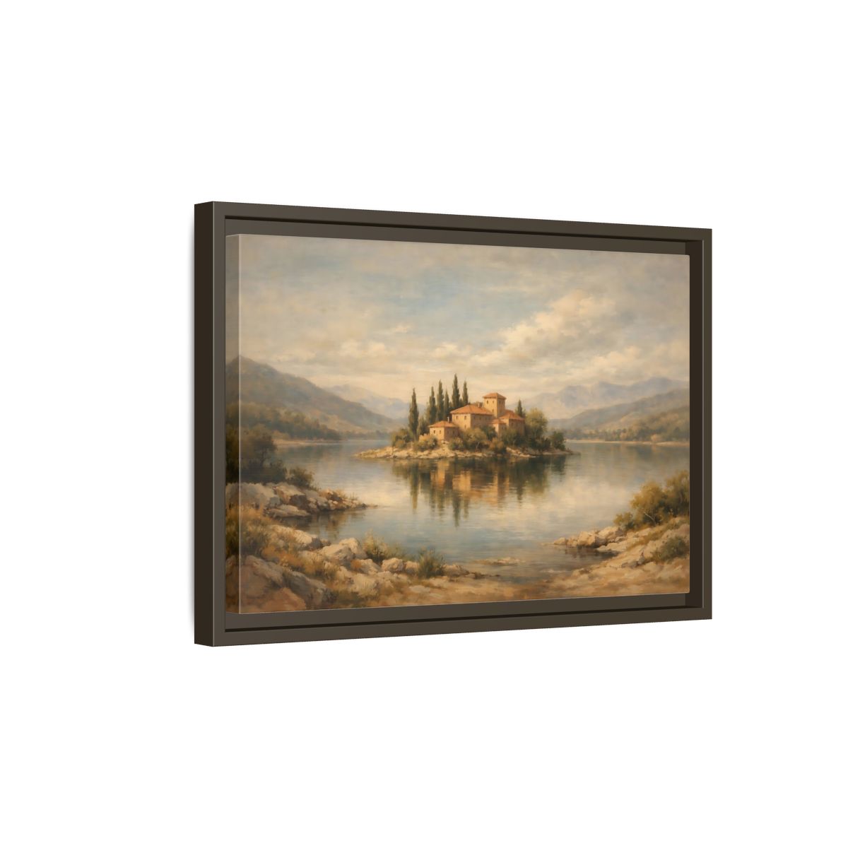 Side Mockup 5. Nature Island Village Mediterranean Landscape shown as stretched canvas wall art
