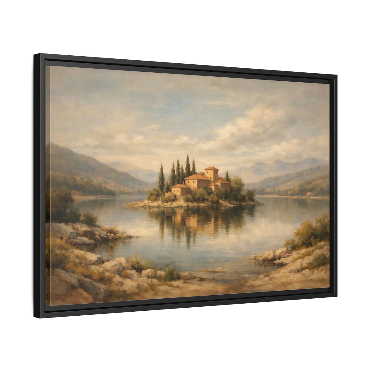 Side Mockup 14. Nature Island Village Mediterranean Landscape shown as stretched canvas wall art