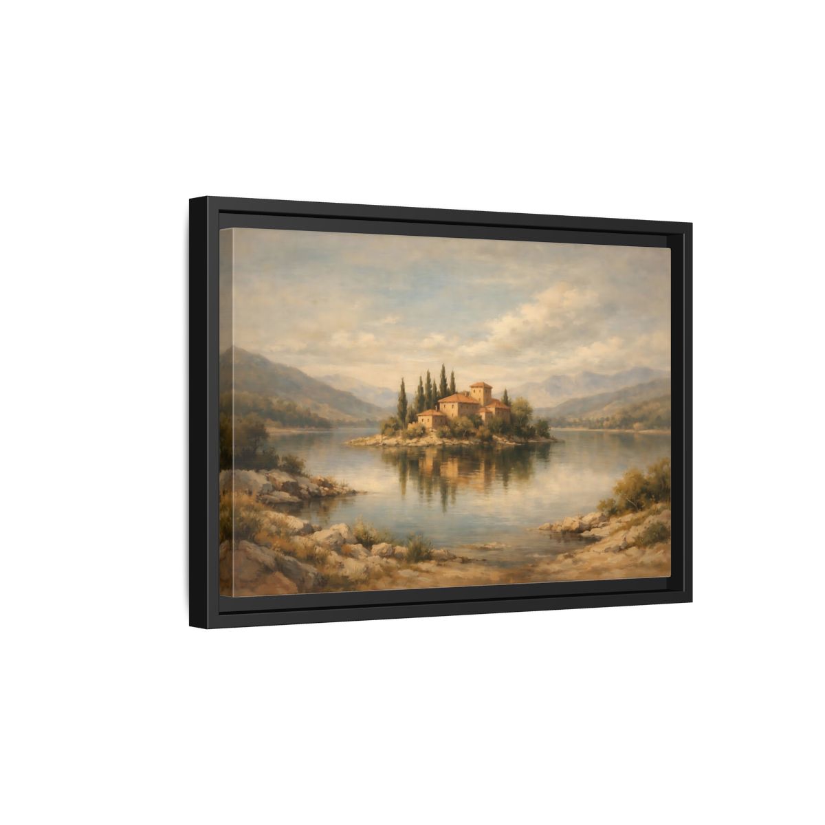Side Mockup 6. Nature Island Village Mediterranean Landscape shown as stretched canvas wall art