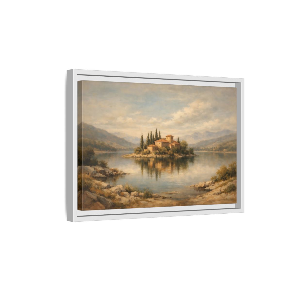 Side Mockup 4. Nature Island Village Mediterranean Landscape shown as stretched canvas wall art