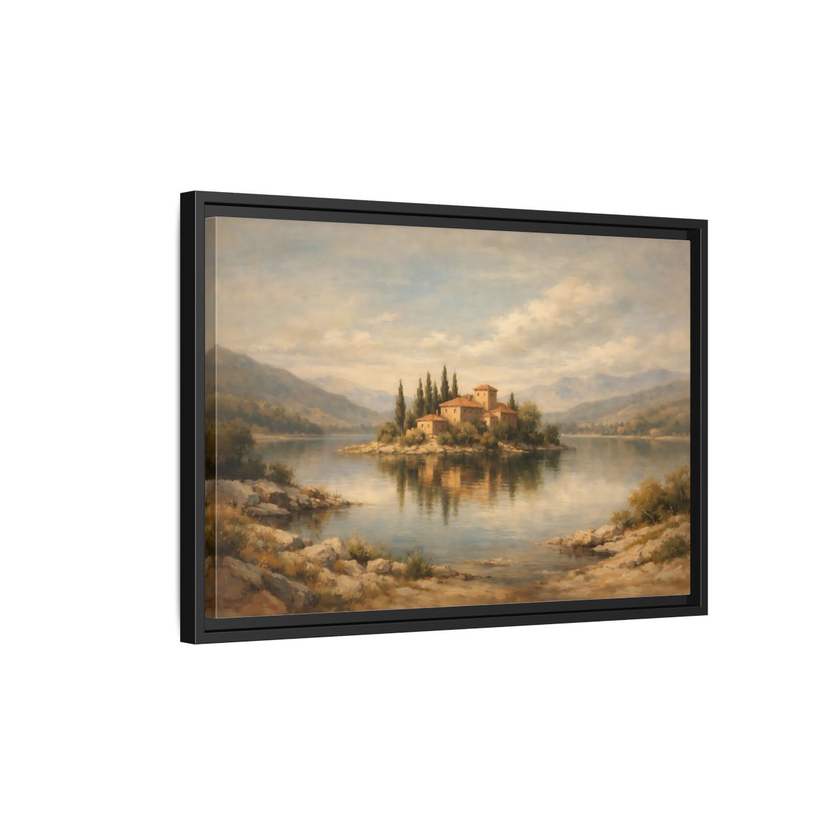 Side Mockup 3. Nature Island Village Mediterranean Landscape shown as stretched canvas wall art