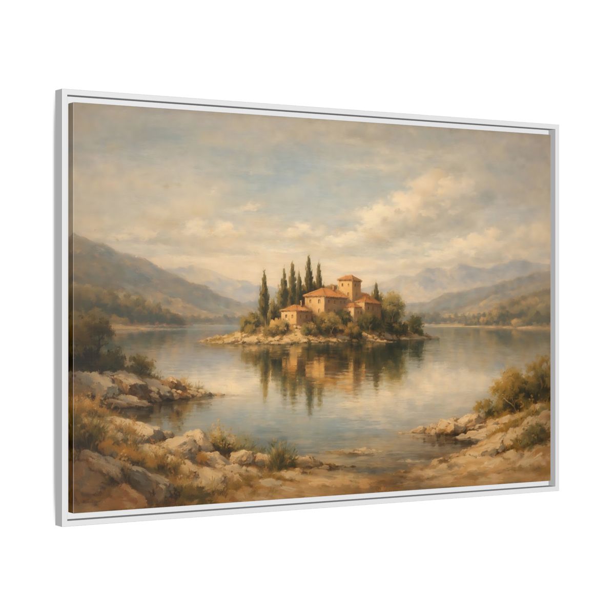 Side Mockup 7. Nature Island Village Mediterranean Landscape shown as stretched canvas wall art