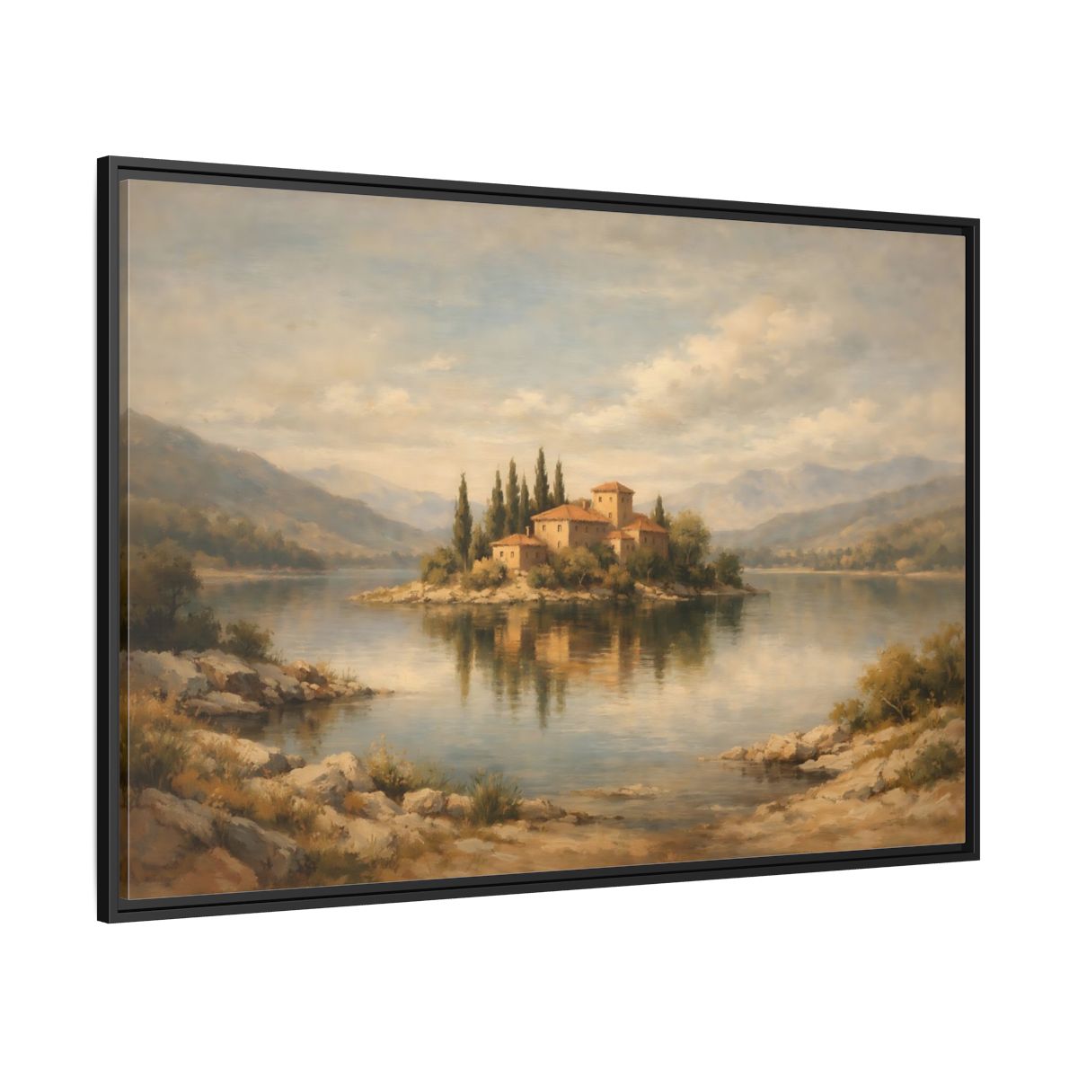 Side Mockup 12. Nature Island Village Mediterranean Landscape shown as stretched canvas wall art
