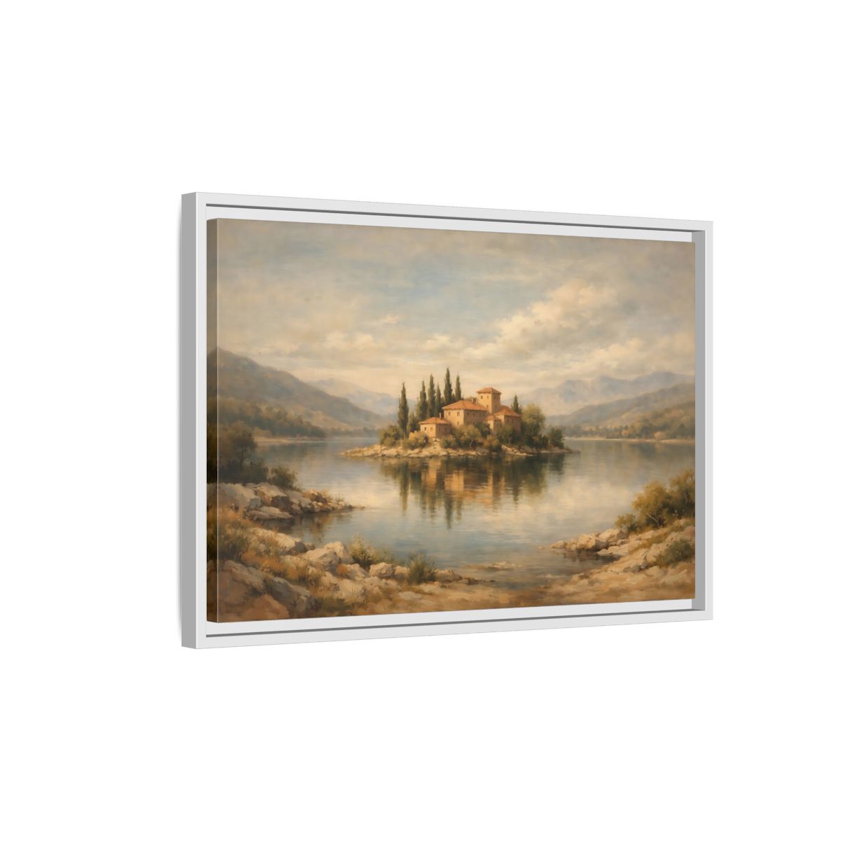 Side Mockup 1. Nature Island Village Mediterranean Landscape shown as stretched canvas wall art
