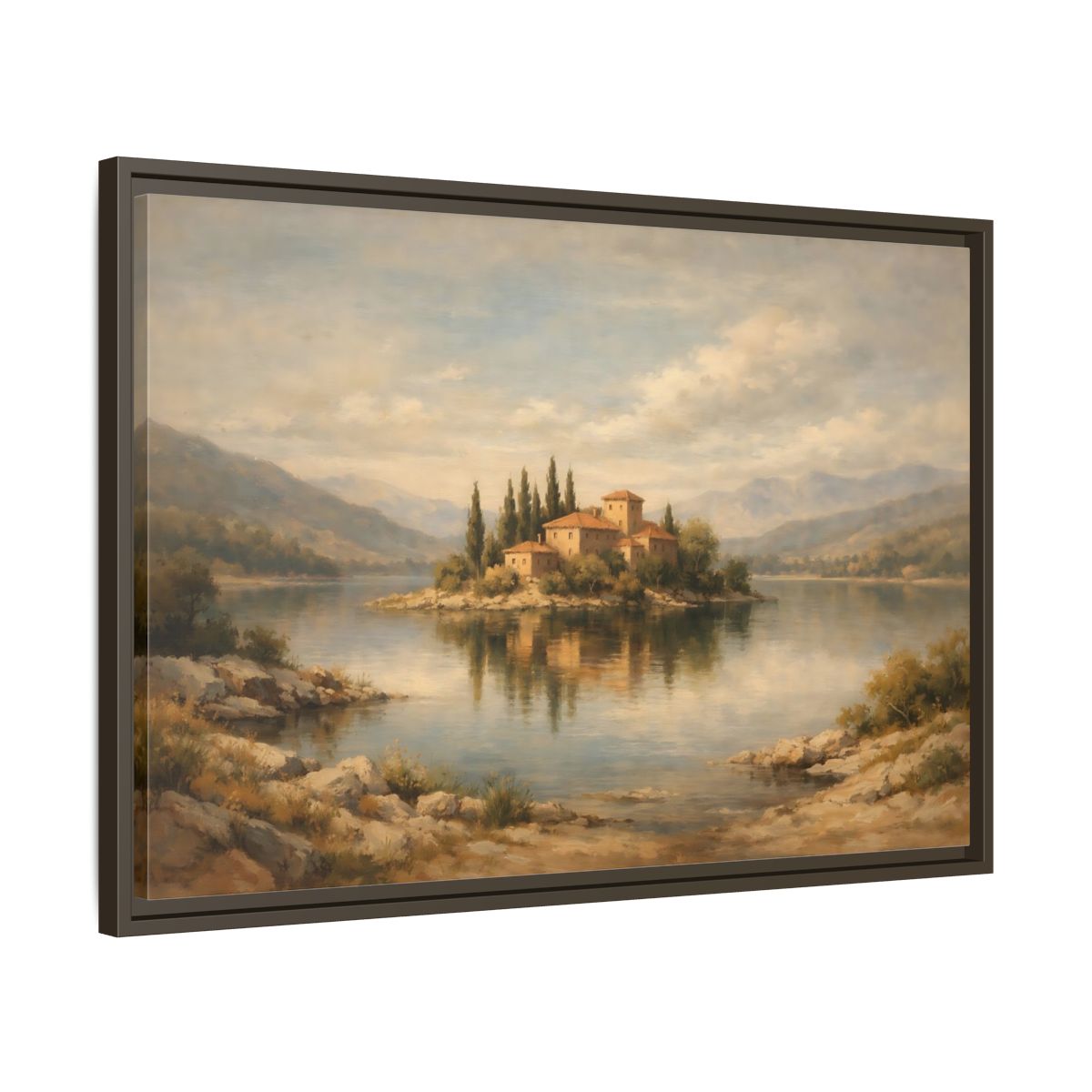 Side Mockup 11. Nature Island Village Mediterranean Landscape shown as stretched canvas wall art