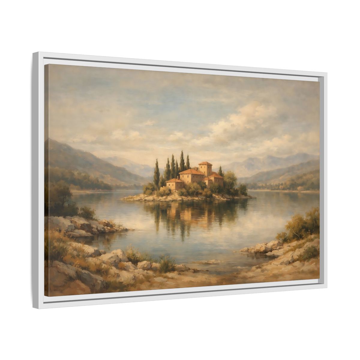 Side Mockup 10. Nature Island Village Mediterranean Landscape shown as stretched canvas wall art