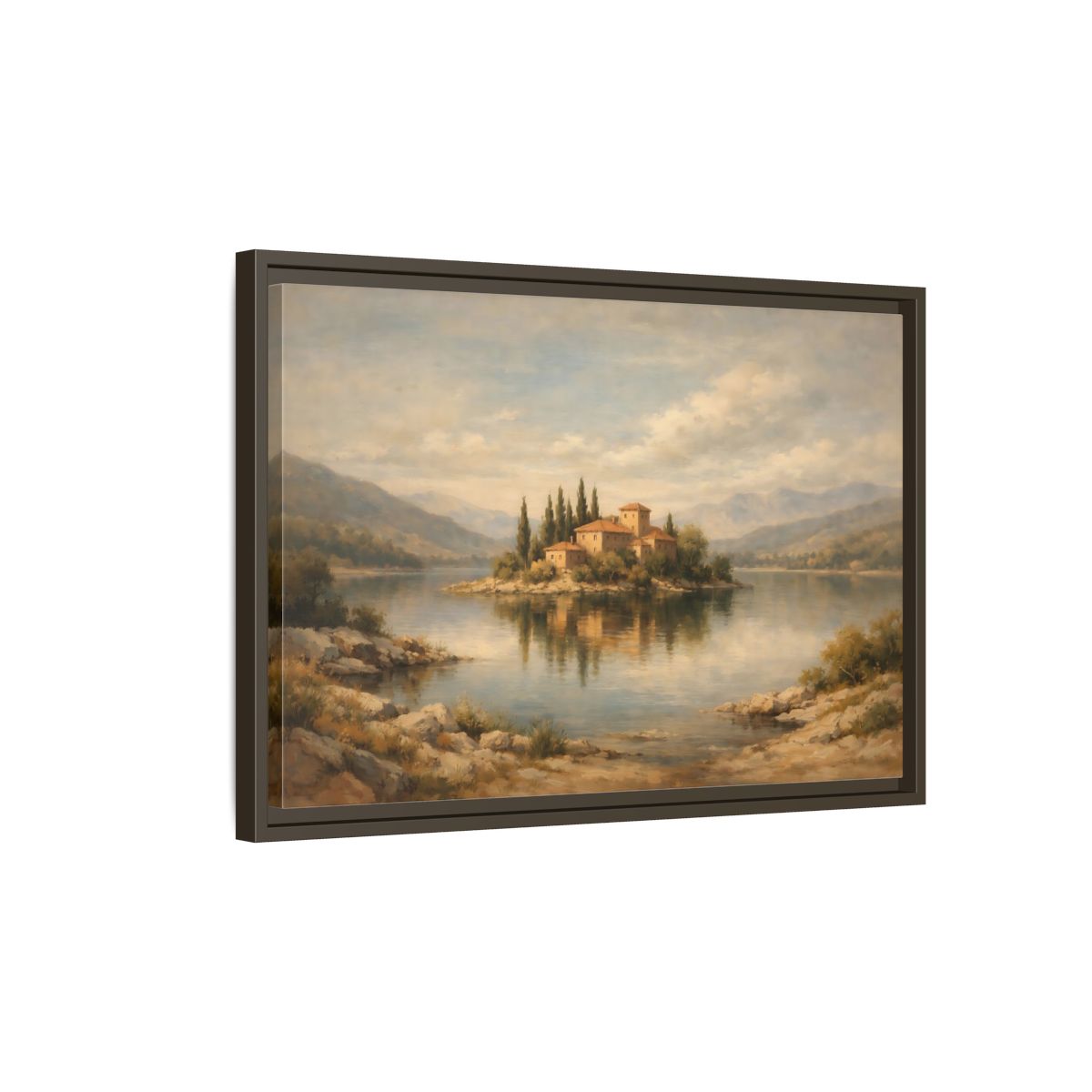 Side Mockup 2. Nature Island Village Mediterranean Landscape shown as stretched canvas wall art