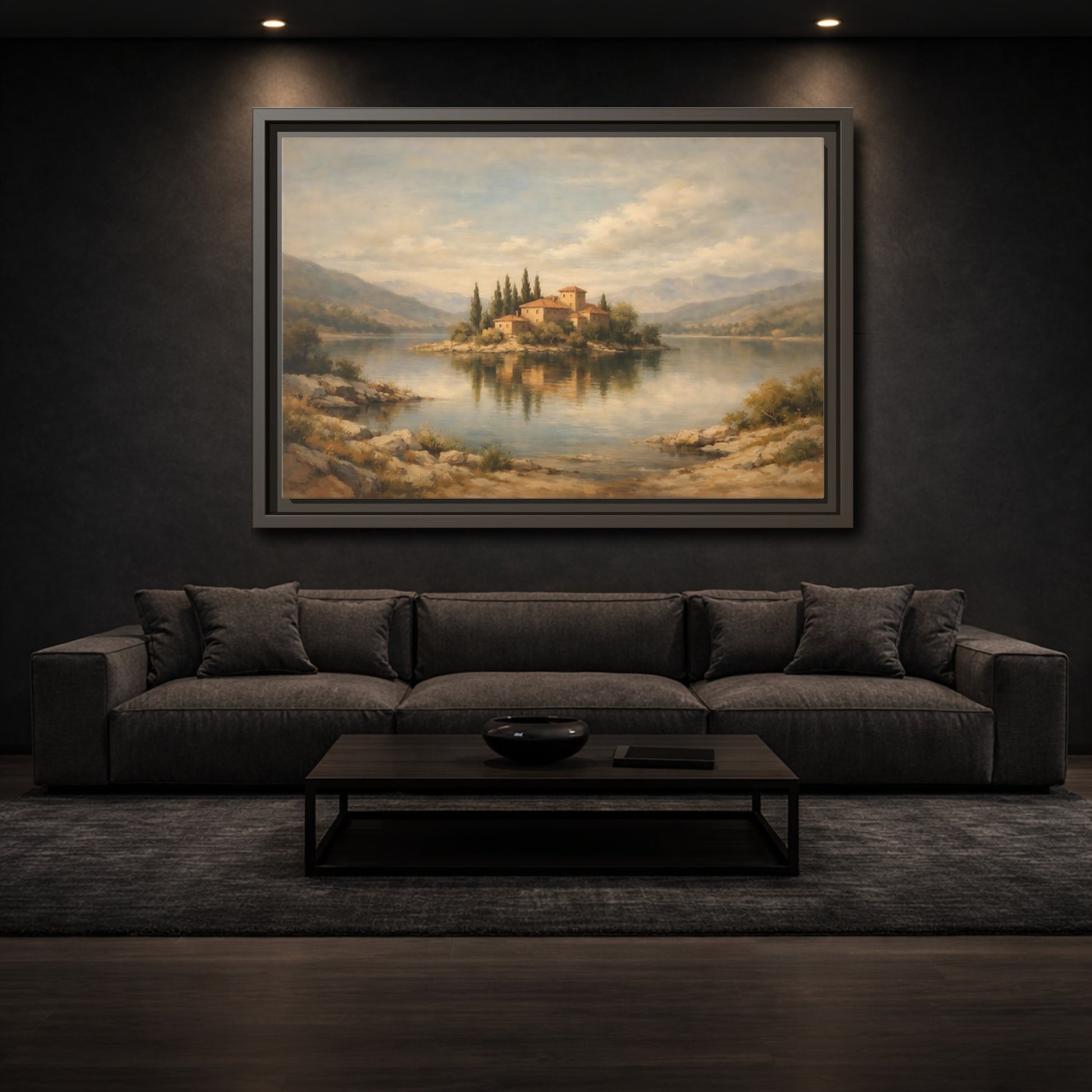 Mockup 2. Nature Island Village Mediterranean Landscape shown as stretched canvas wall art