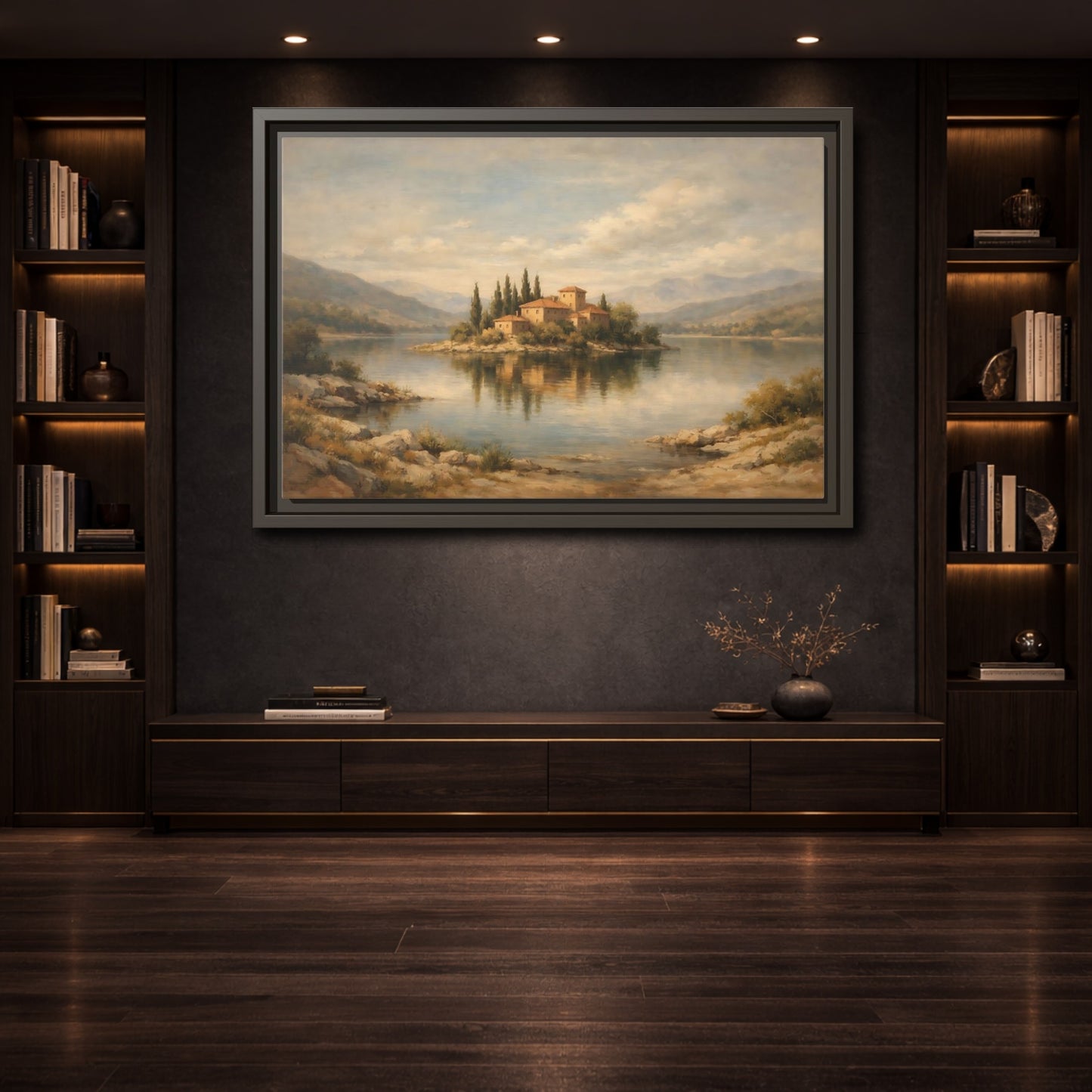 Mockup 3. Nature Island Village Mediterranean Landscape shown as stretched canvas wall art