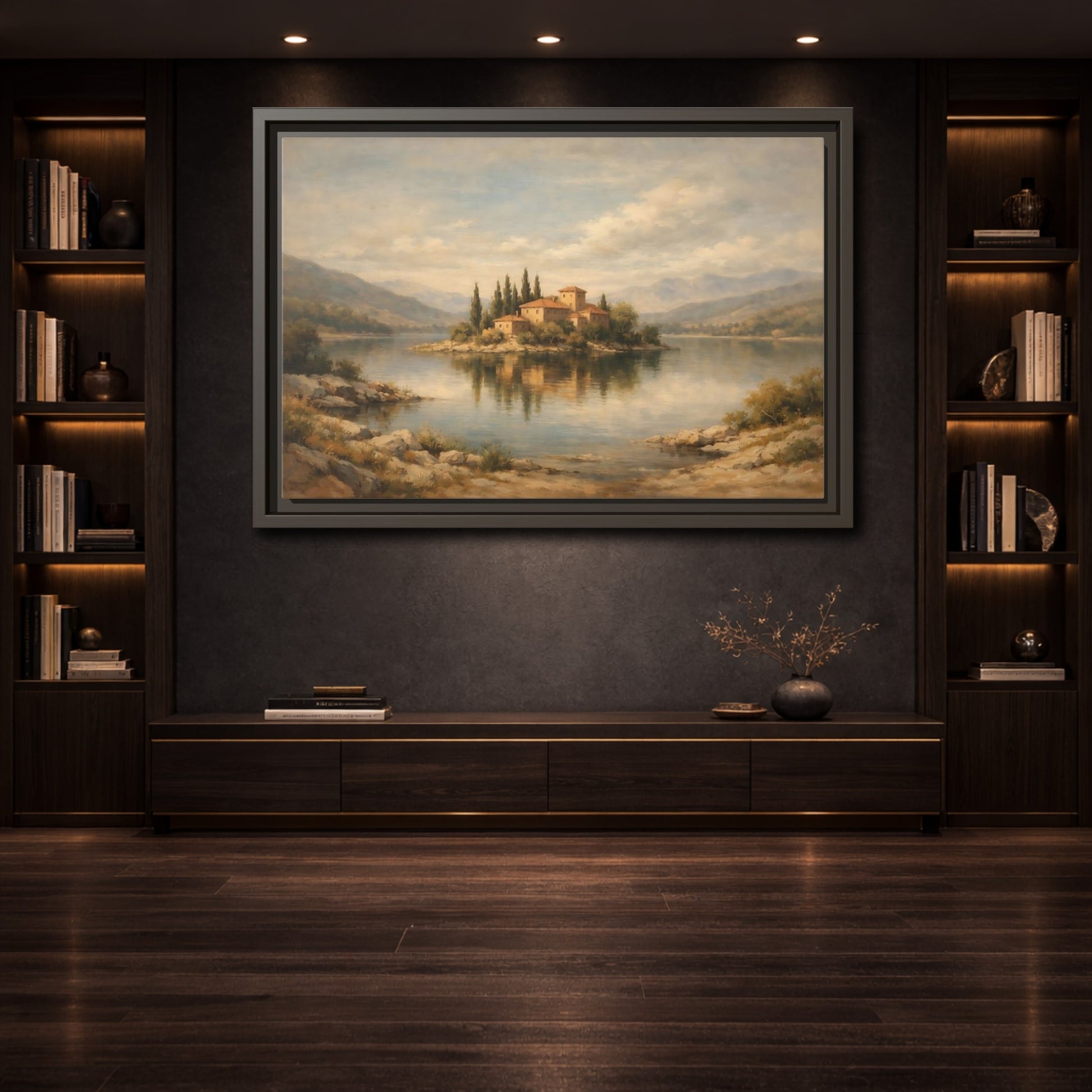 Mockup 3. Nature Island Village Mediterranean Landscape shown as stretched canvas wall art
