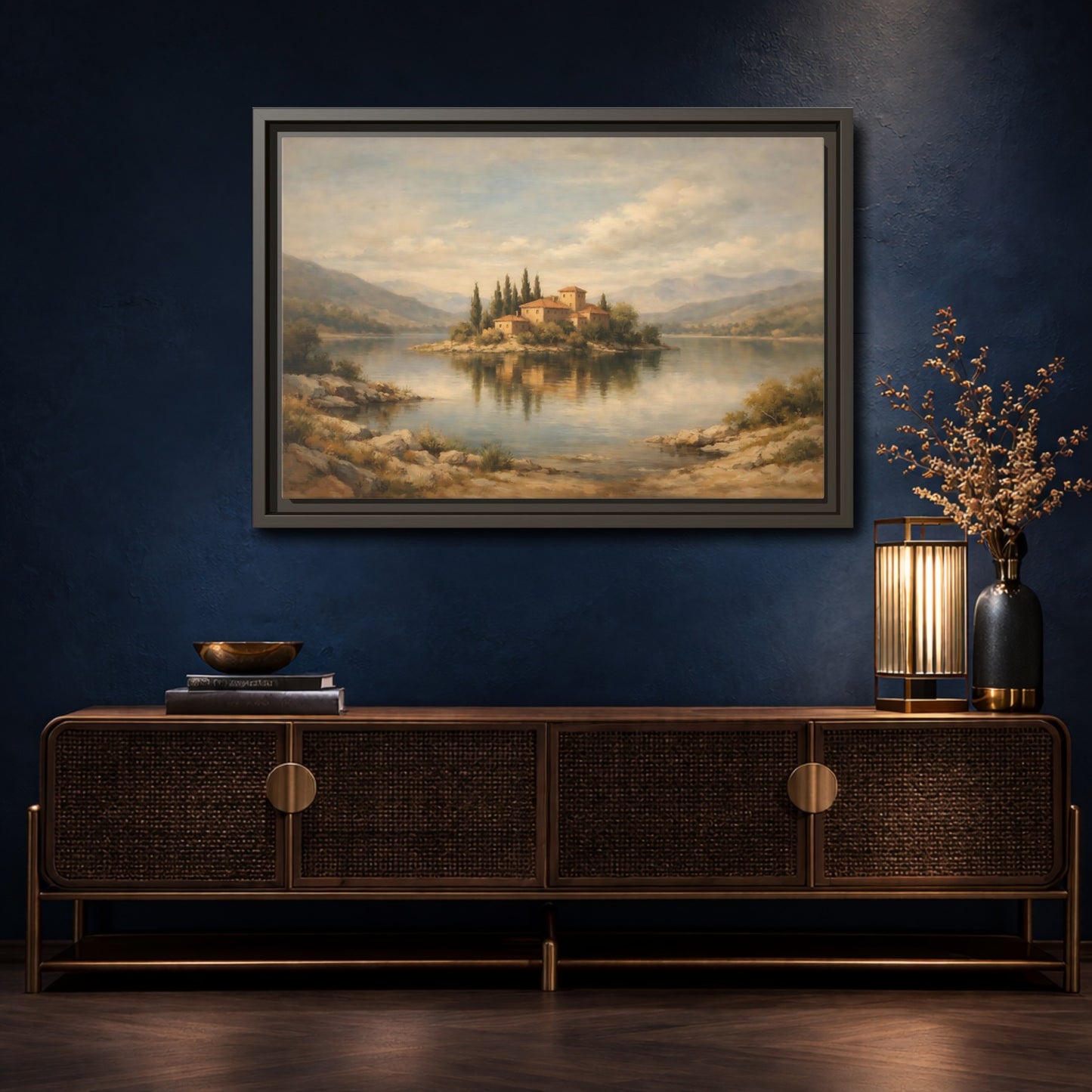 Mockup 4. Nature Island Village Mediterranean Landscape shown as stretched canvas wall art