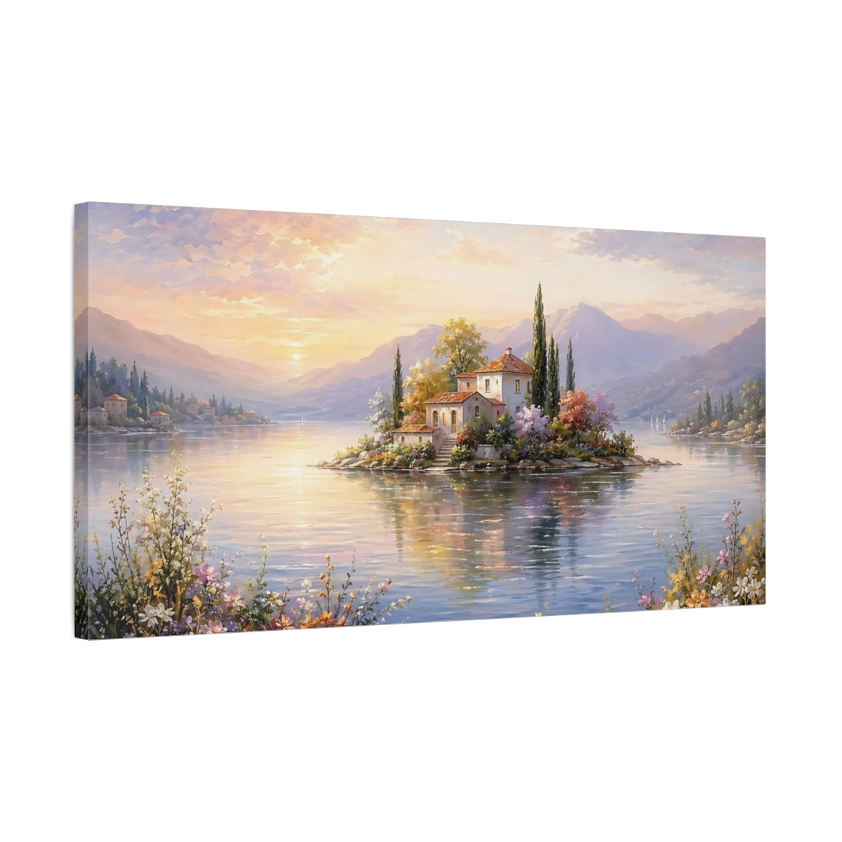 Side Mockup 1. Nature Island Village Pastel Sunset shown as stretched canvas wall art