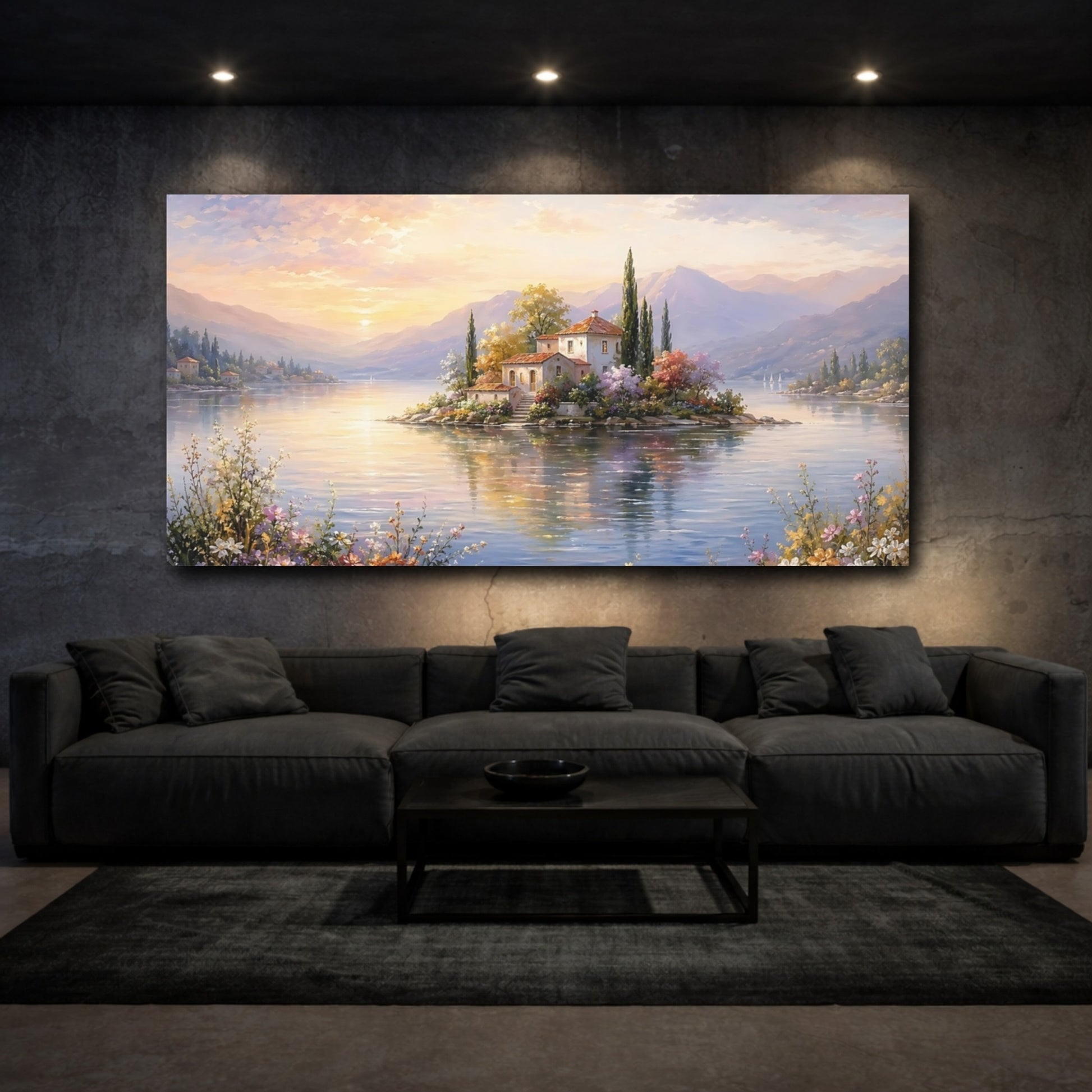 Mockup 2. Nature Island Village Pastel Sunset shown as stretched canvas wall art