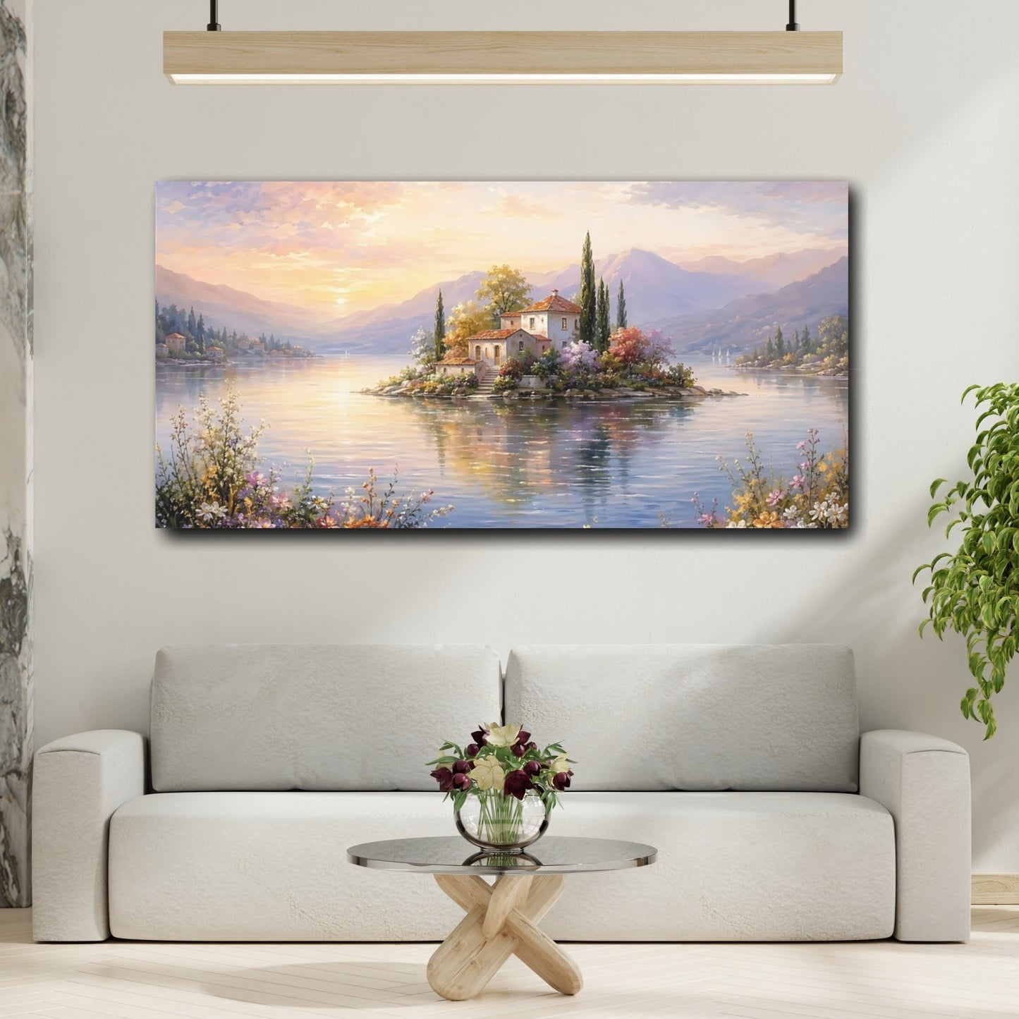 Mockup 3. Nature Island Village Pastel Sunset shown as stretched canvas wall art