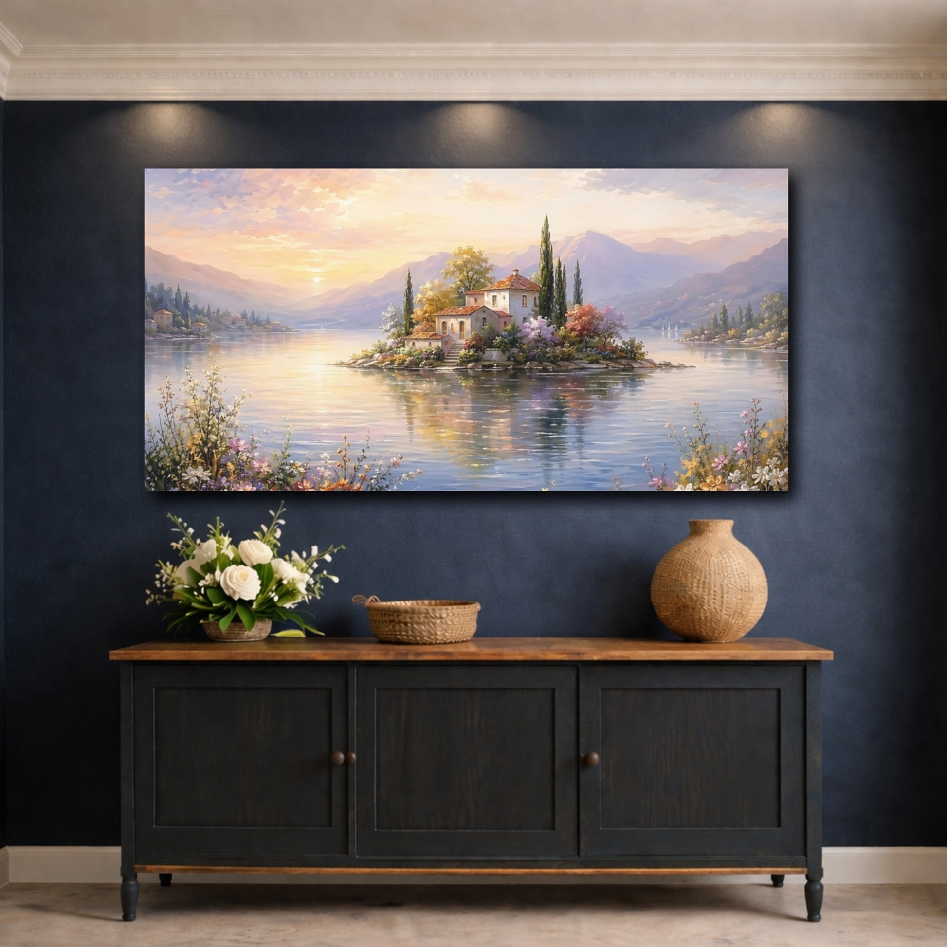 Mockup 4. Nature Island Village Pastel Sunset shown as stretched canvas wall art