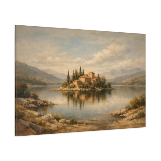 Main Mockup. Nature Island Village Tuscan Landscape shown as stretched canvas wall art