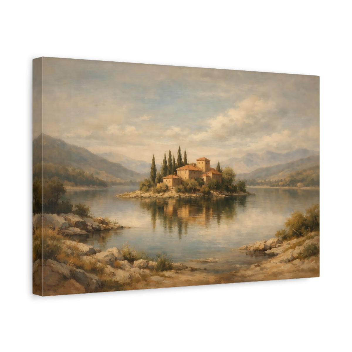 Side Mockup 4. Nature Island Village Tuscan Landscape shown as stretched canvas wall art