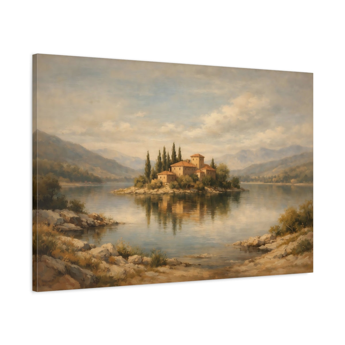 Side Mockup 1. Nature Island Village Tuscan Landscape shown as stretched canvas wall art