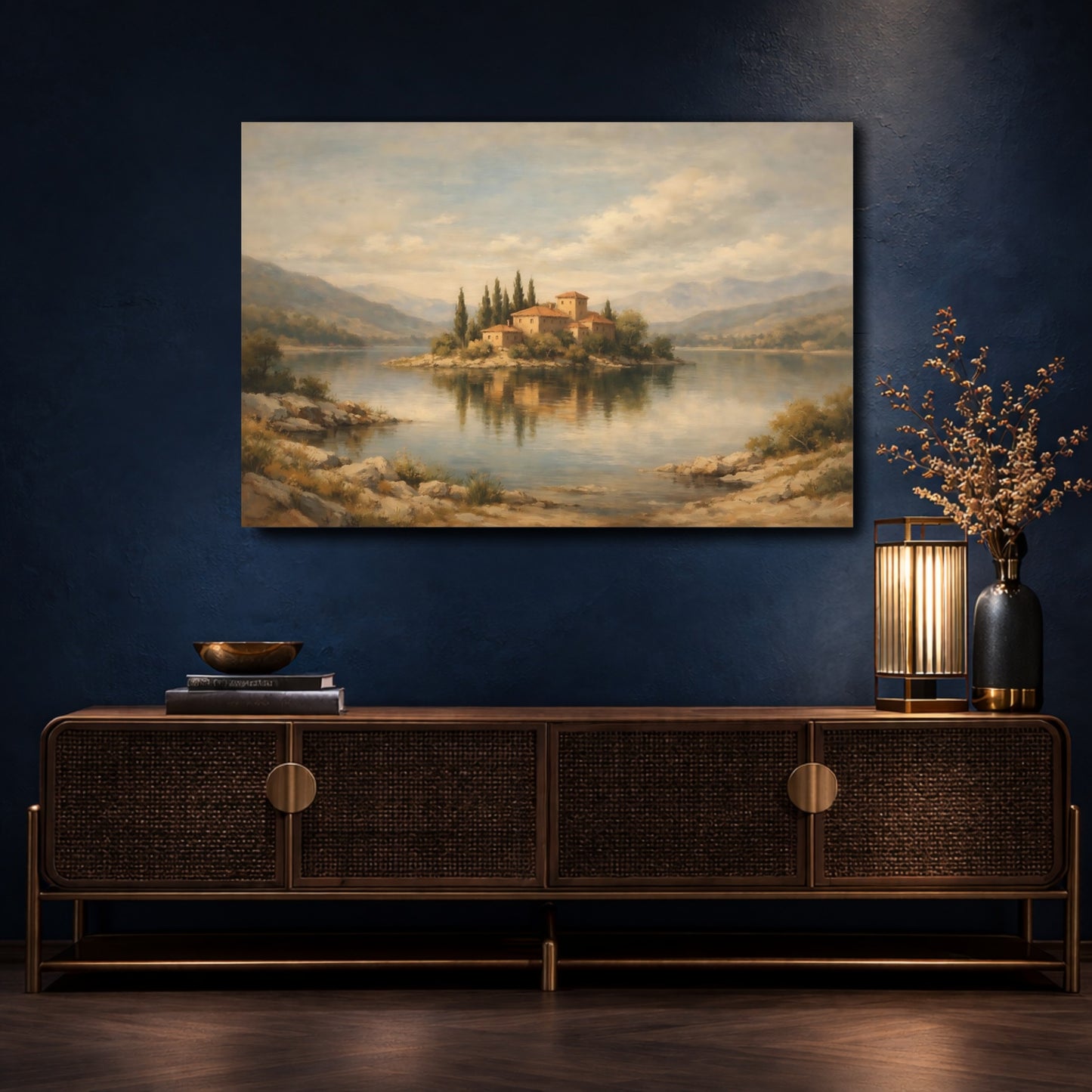 Mockup 4. Nature Island Village Tuscan Landscape shown as stretched canvas wall art