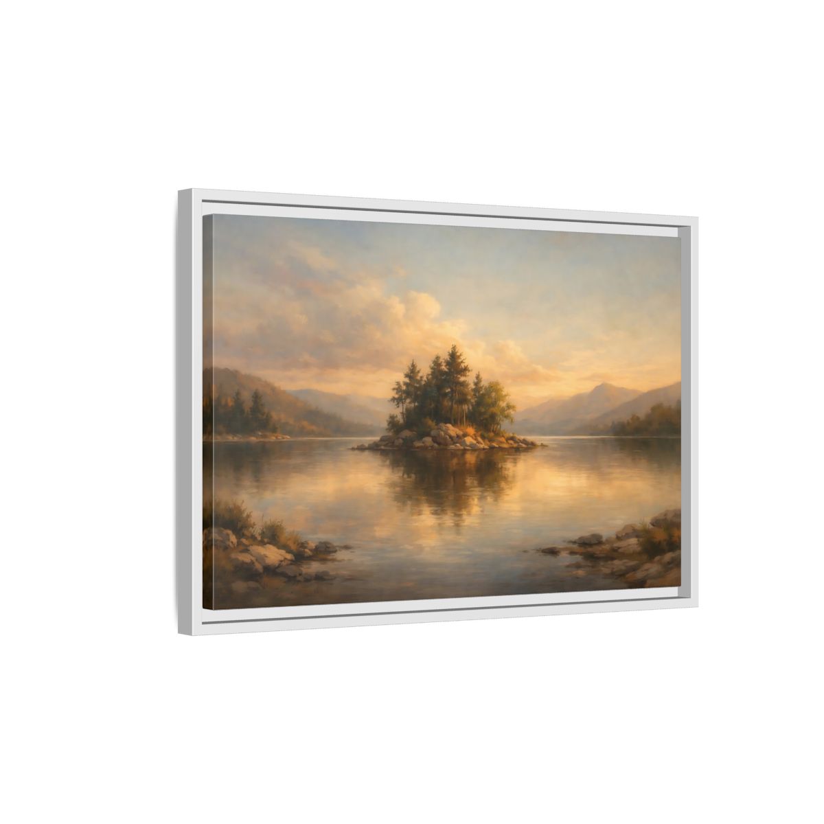 Side Mockup 1. Nature Island Warm Landscape shown as stretched canvas wall art