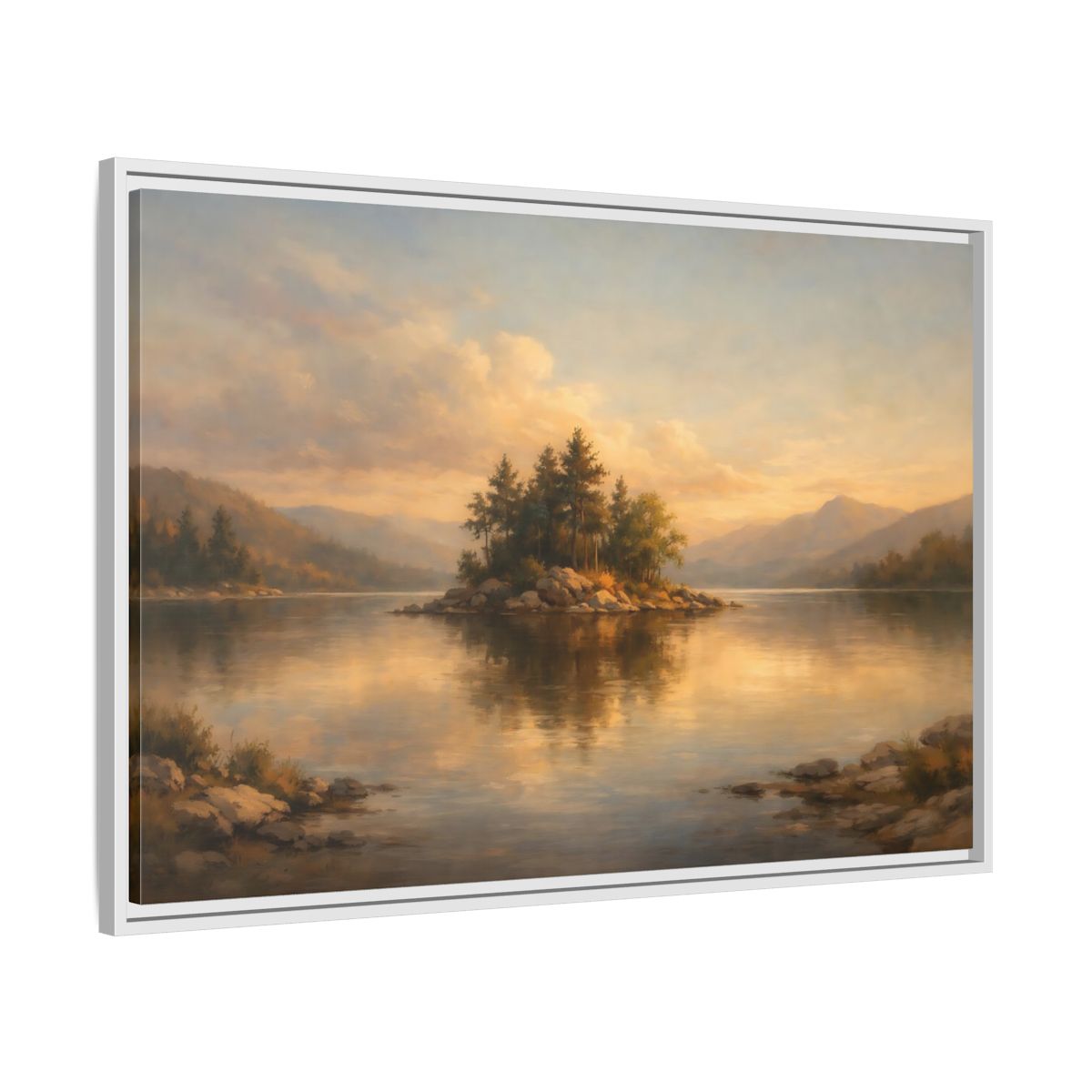 Side Mockup 8. Nature Island Warm Landscape shown as stretched canvas wall art
