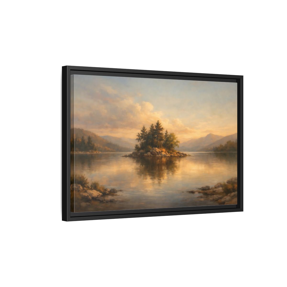 Side Mockup 3. Nature Island Warm Landscape shown as stretched canvas wall art
