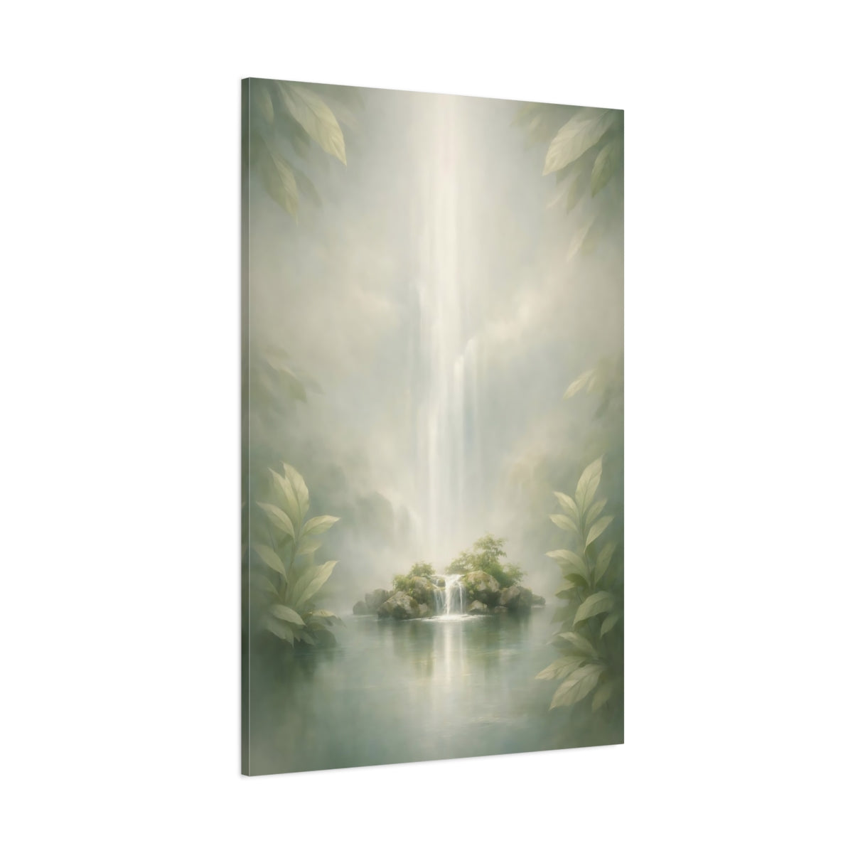 Main Mockup. Nature Island Waterfall Misty Green shown as stretched canvas wall art