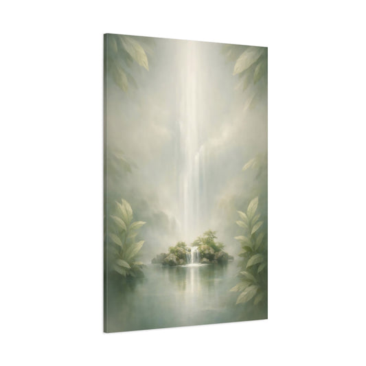 Main Mockup. Nature Island Waterfall Misty Green shown as stretched canvas wall art