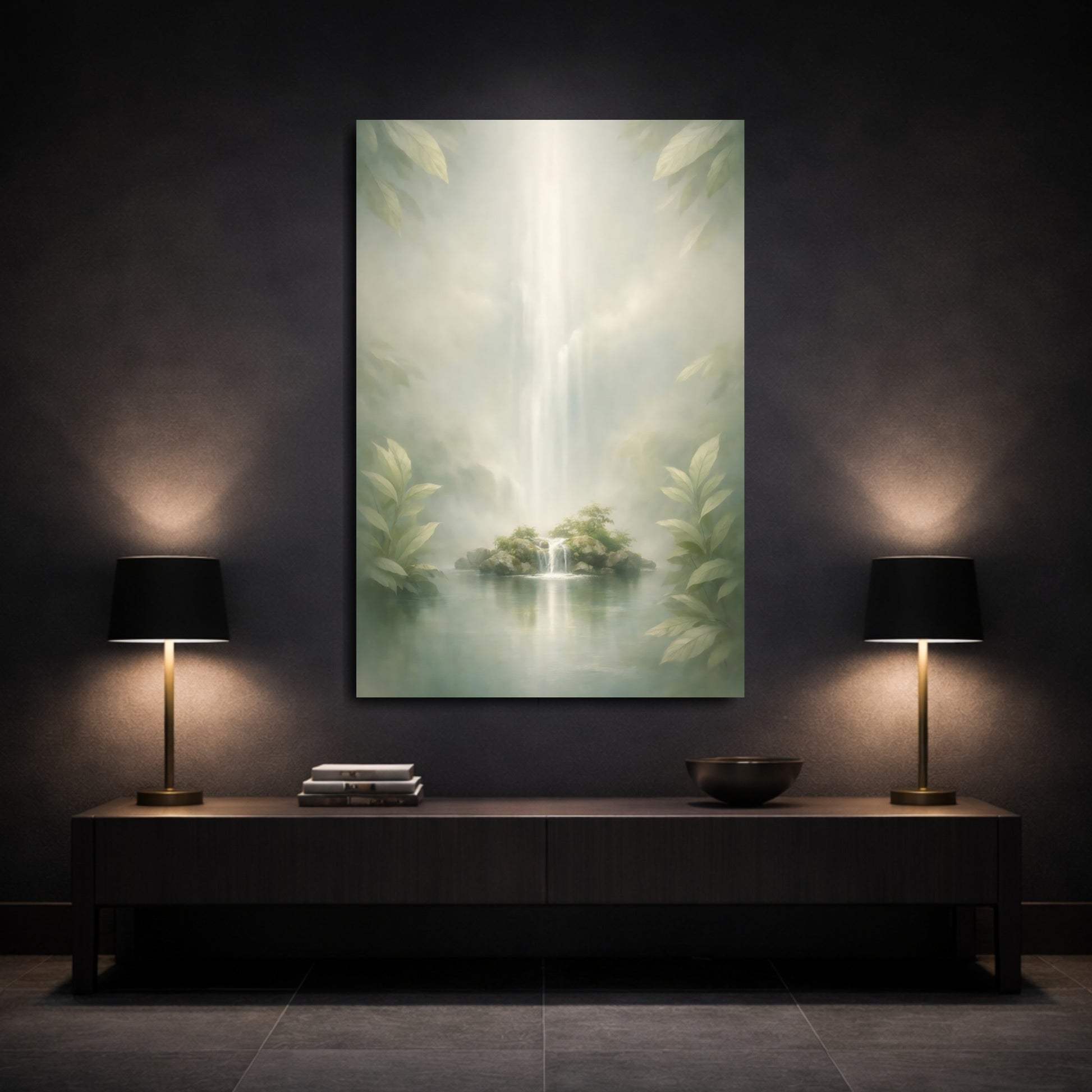 Mockup 2. Nature Island Waterfall Misty Green shown as stretched canvas wall art