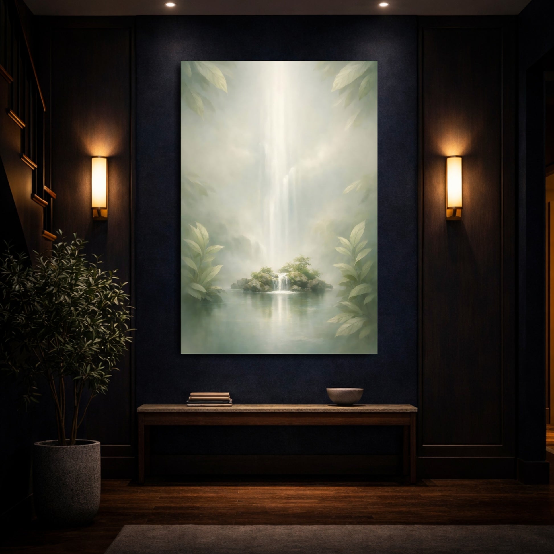 Mockup 3. Nature Island Waterfall Misty Green shown as stretched canvas wall art