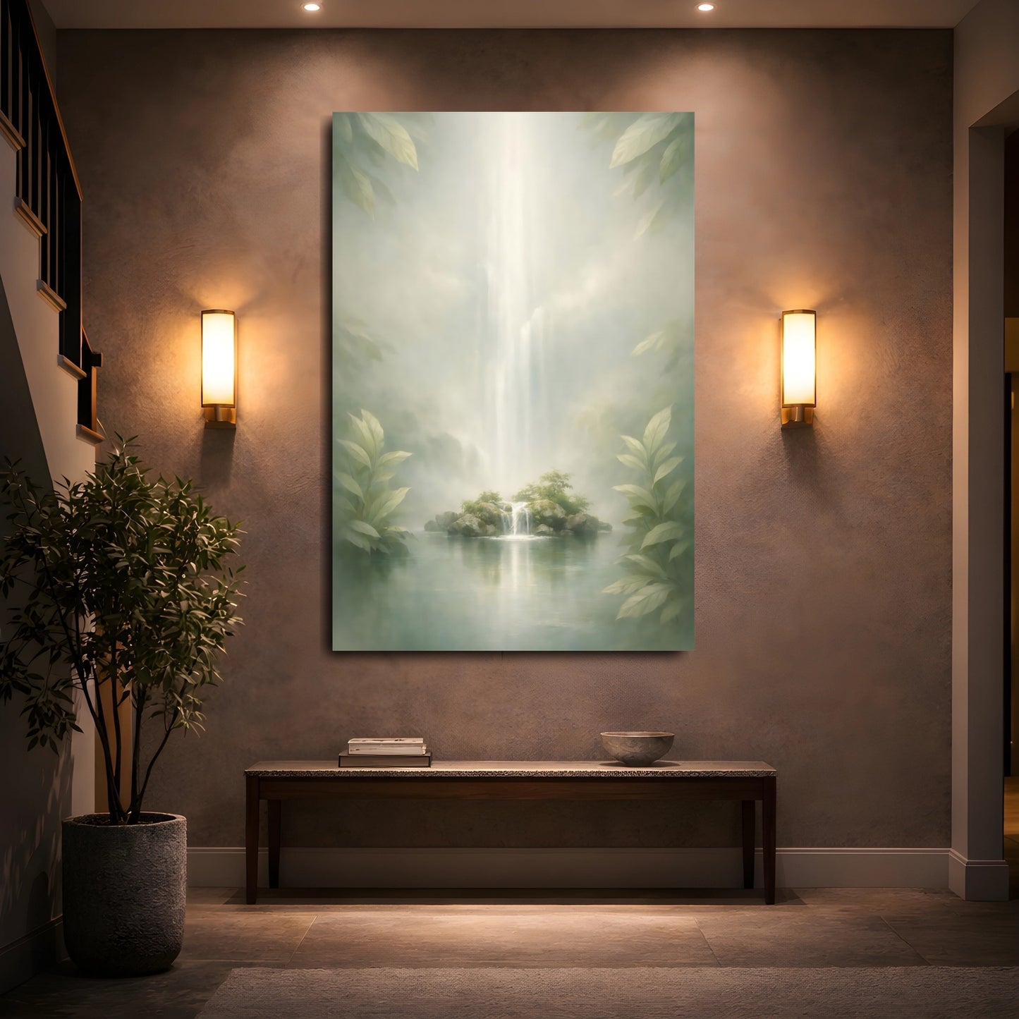 Mockup 4. Nature Island Waterfall Misty Green shown as stretched canvas wall art