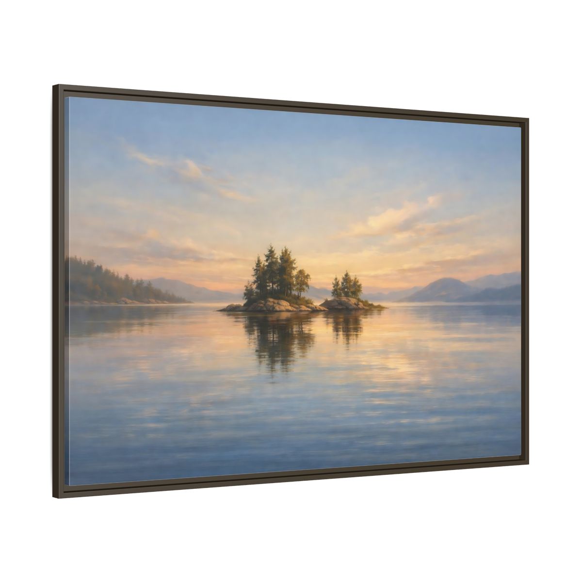 Main Mockup. Nature Islands Sunset Lake shown as stretched canvas wall art