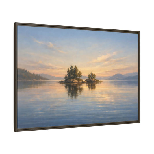 Main Mockup. Nature Islands Sunset Lake shown as stretched canvas wall art