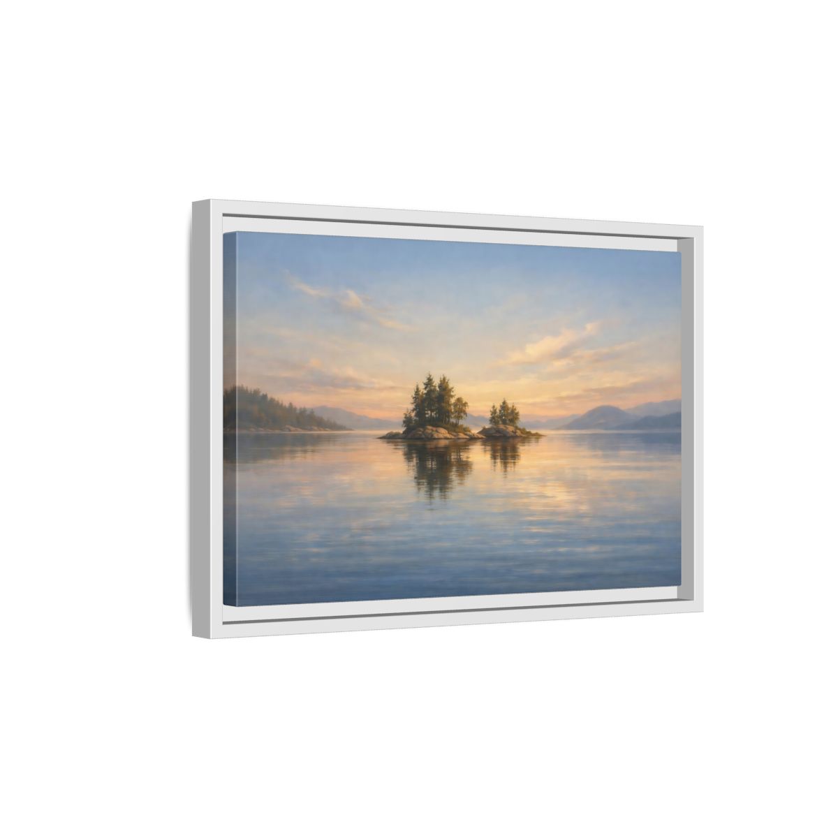 Side Mockup 4. Nature Islands Sunset Lake shown as stretched canvas wall art