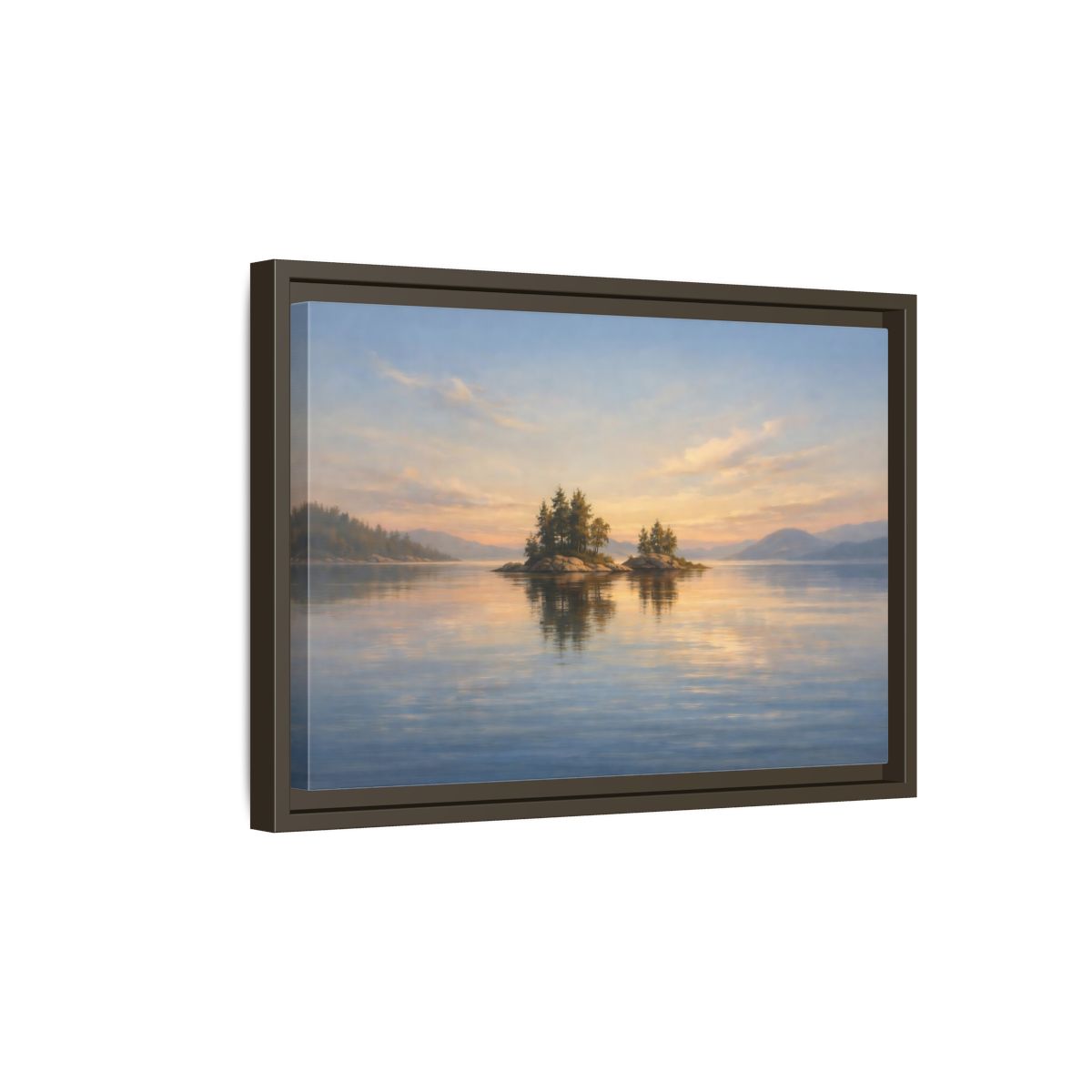 Side Mockup 5. Nature Islands Sunset Lake shown as stretched canvas wall art